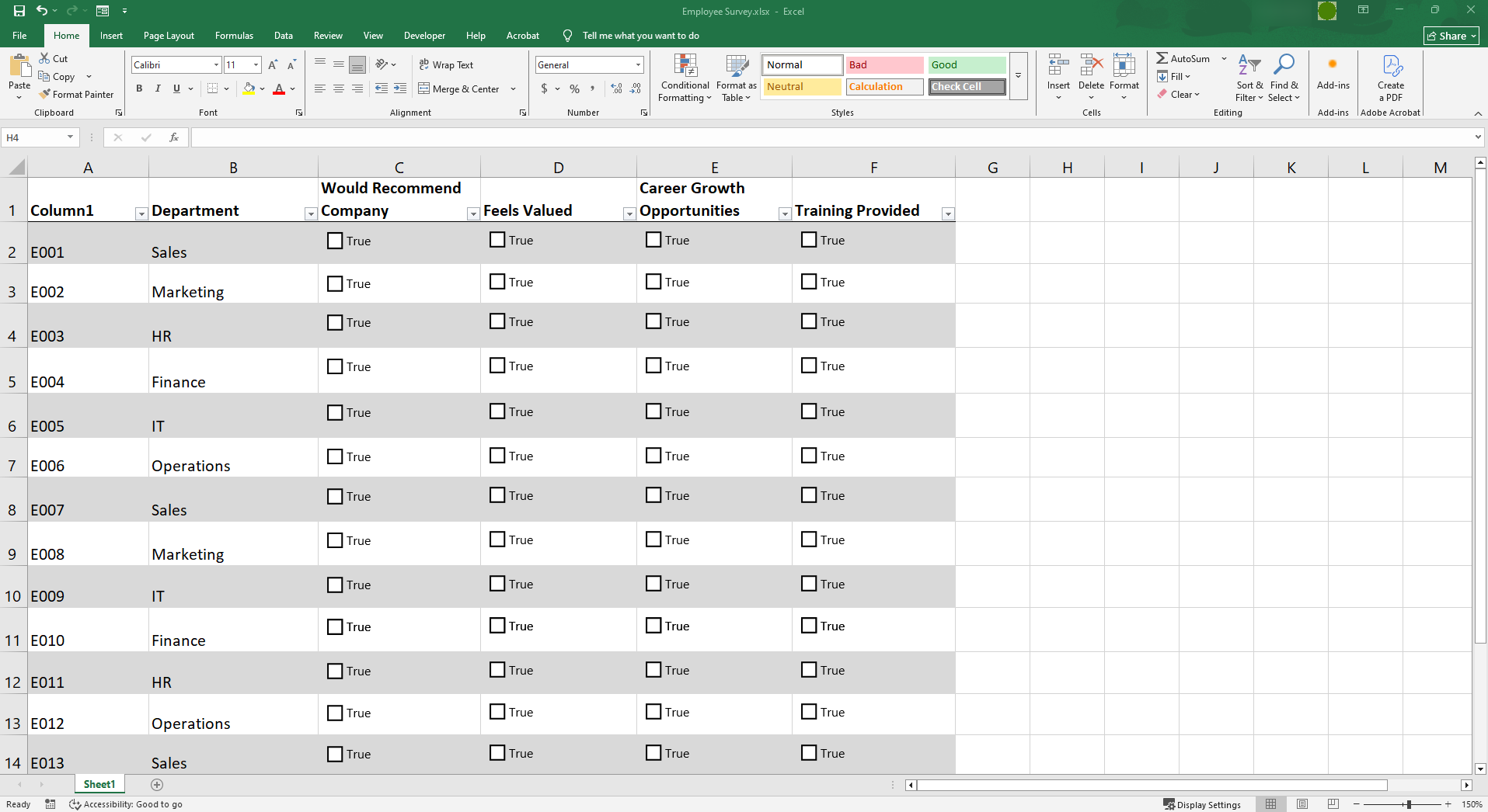 Microsoft Excel interface showing columns labeled, "Department," "Would Recommend Company," "Feels Valued," "Career Growth Opportunities," and "Training Provided," with "True" checkboxes underneath