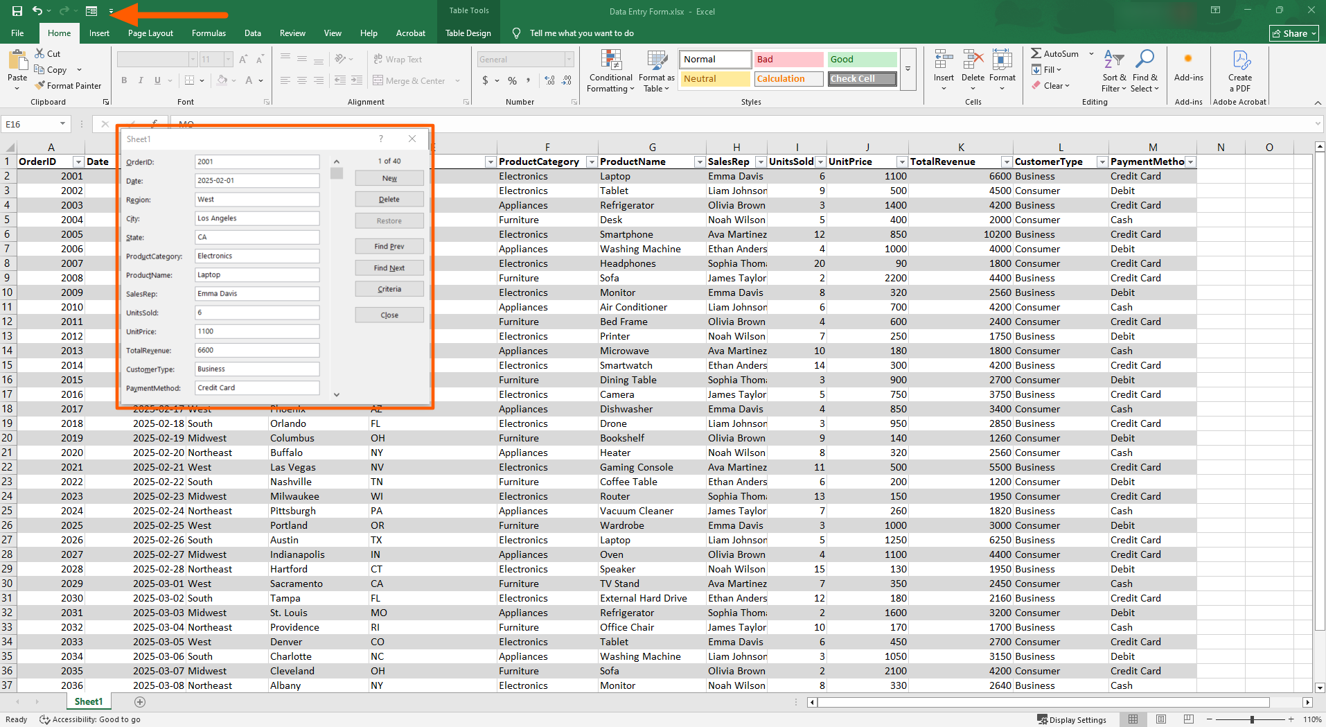 Excel data entry form example