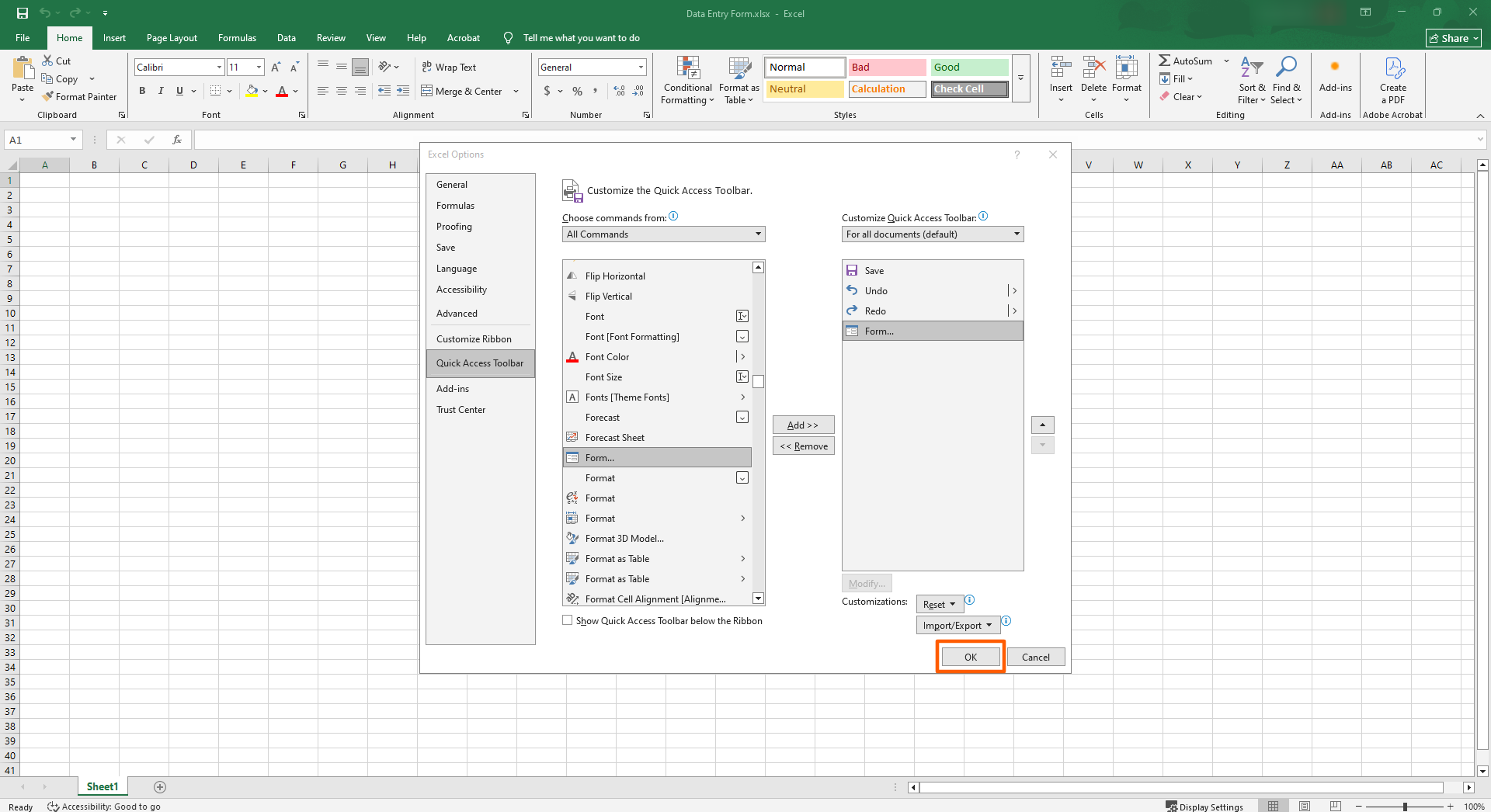 Microsoft Excel interface with the "OK" button highlighted in the Quick Access Toolbar options popup