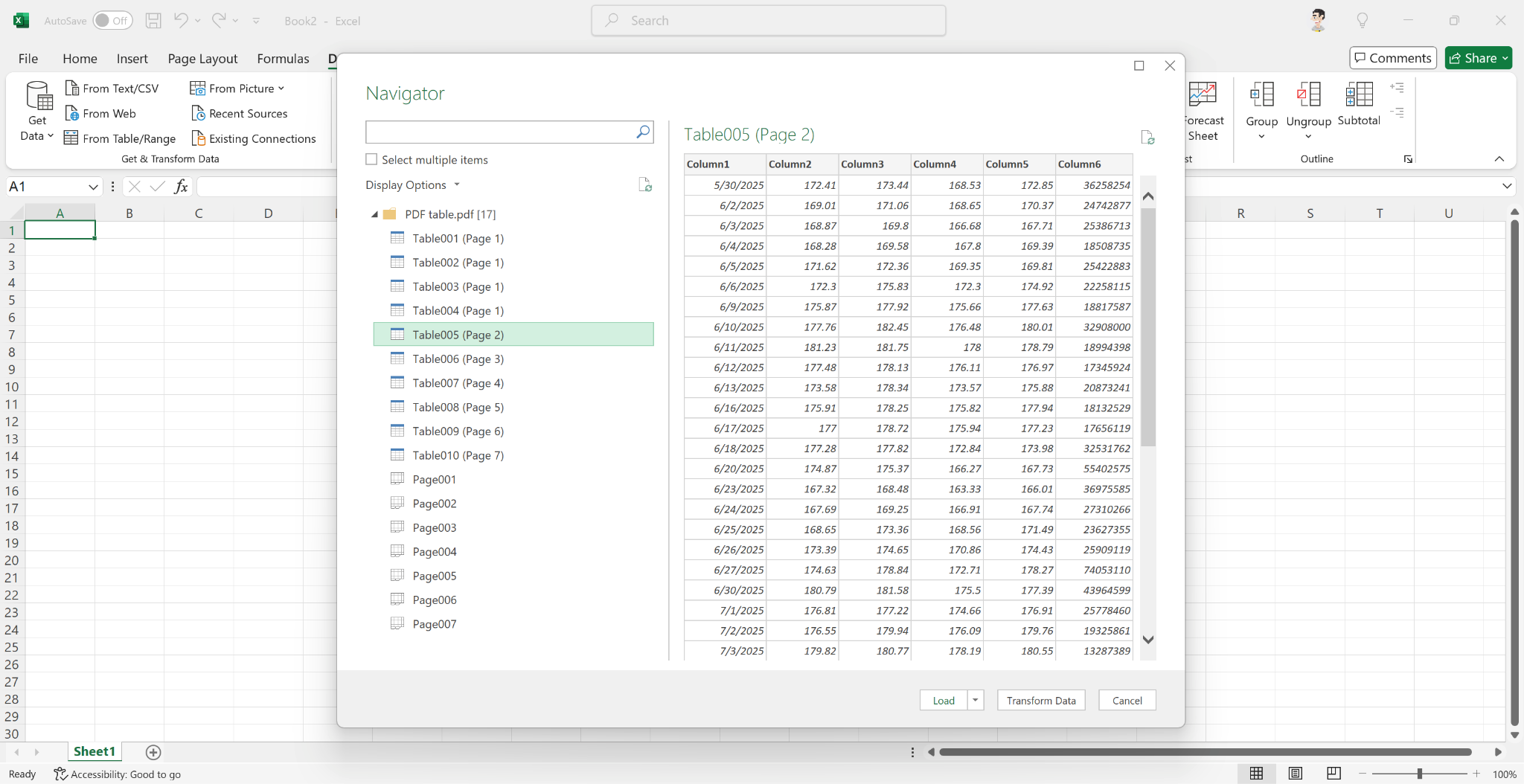 Excel Navigator window showing PDF tables available for import
