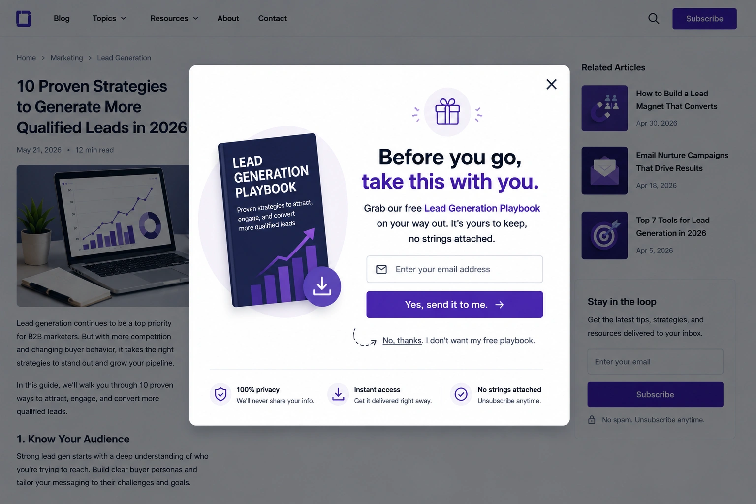 Exit-intent lead magnet popup offering a free lead generation playbook before the visitor leaves the page