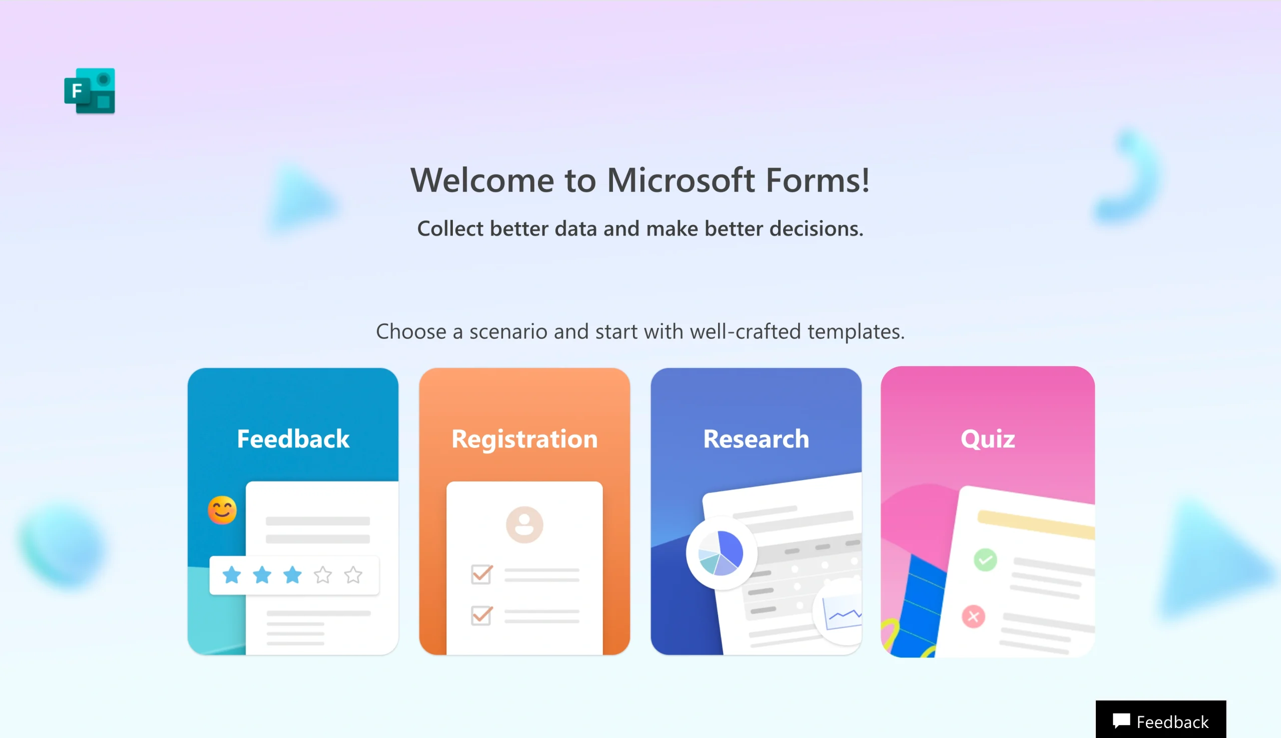 Screenshot of the Microsoft Forms landing page, showing a headline "Welcome to Microsoft Forms!"