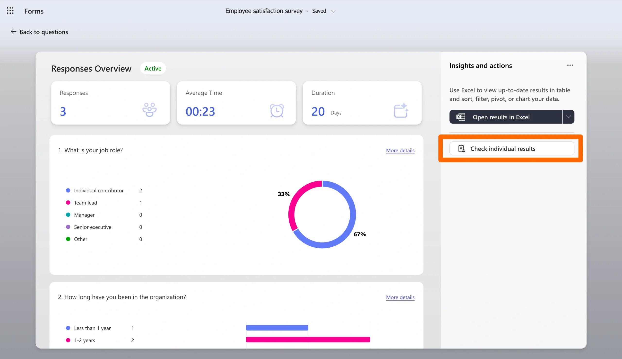 Microsoft Forms dashboard with the Check individual results button highlighted