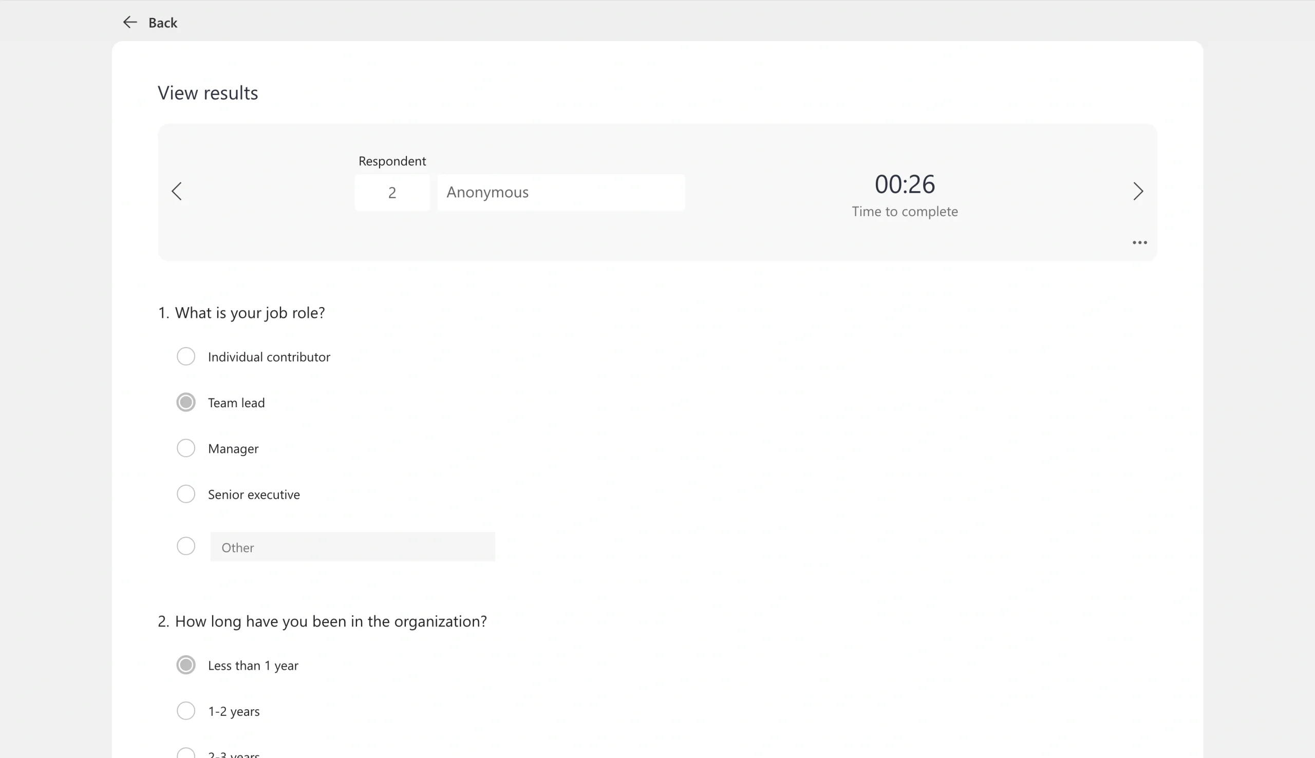 Microsoft Forms individual response view showing one respondent’s answers