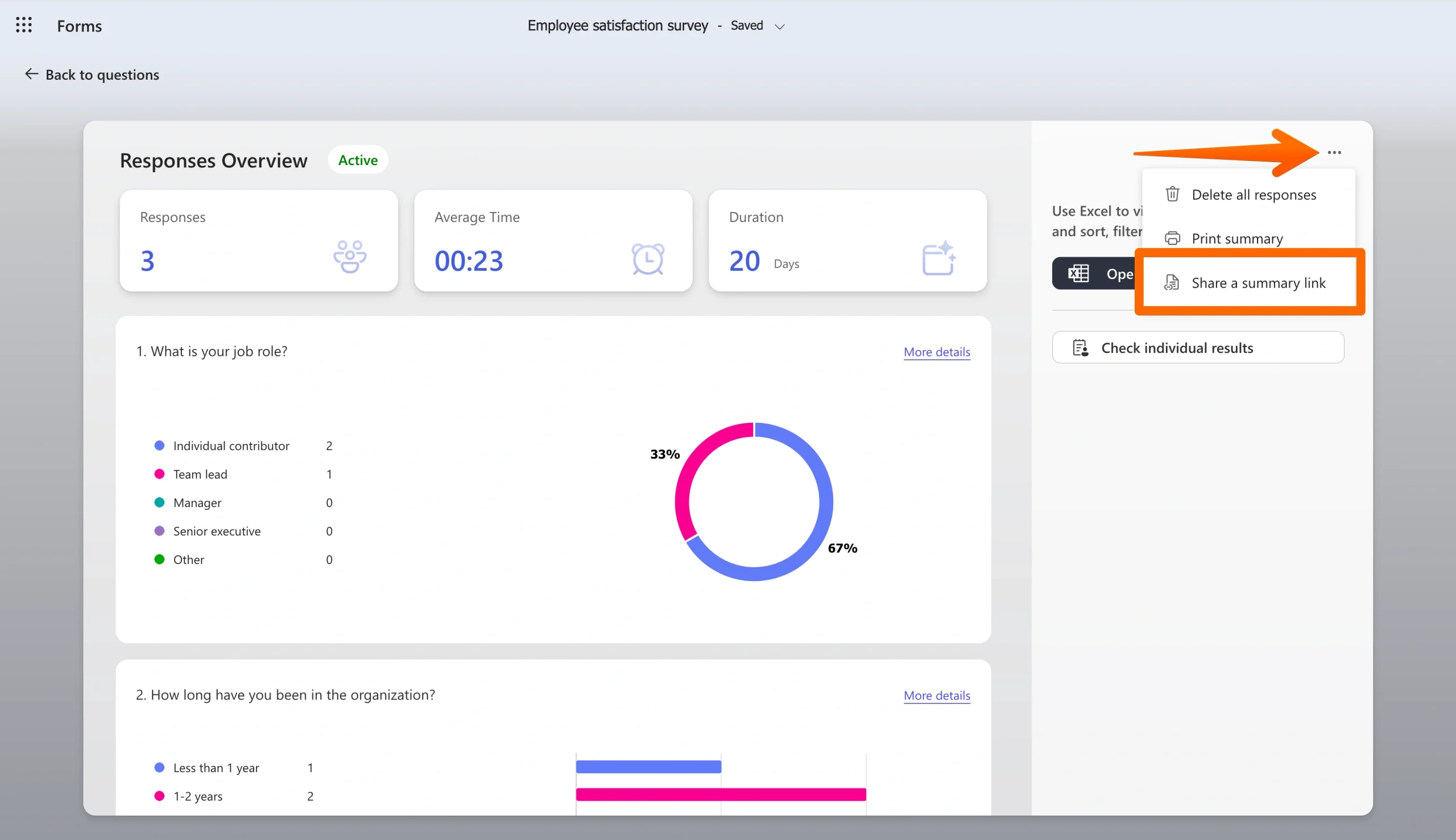 Microsoft Forms dashboard with the Share a summary link option highlighted in the menu
