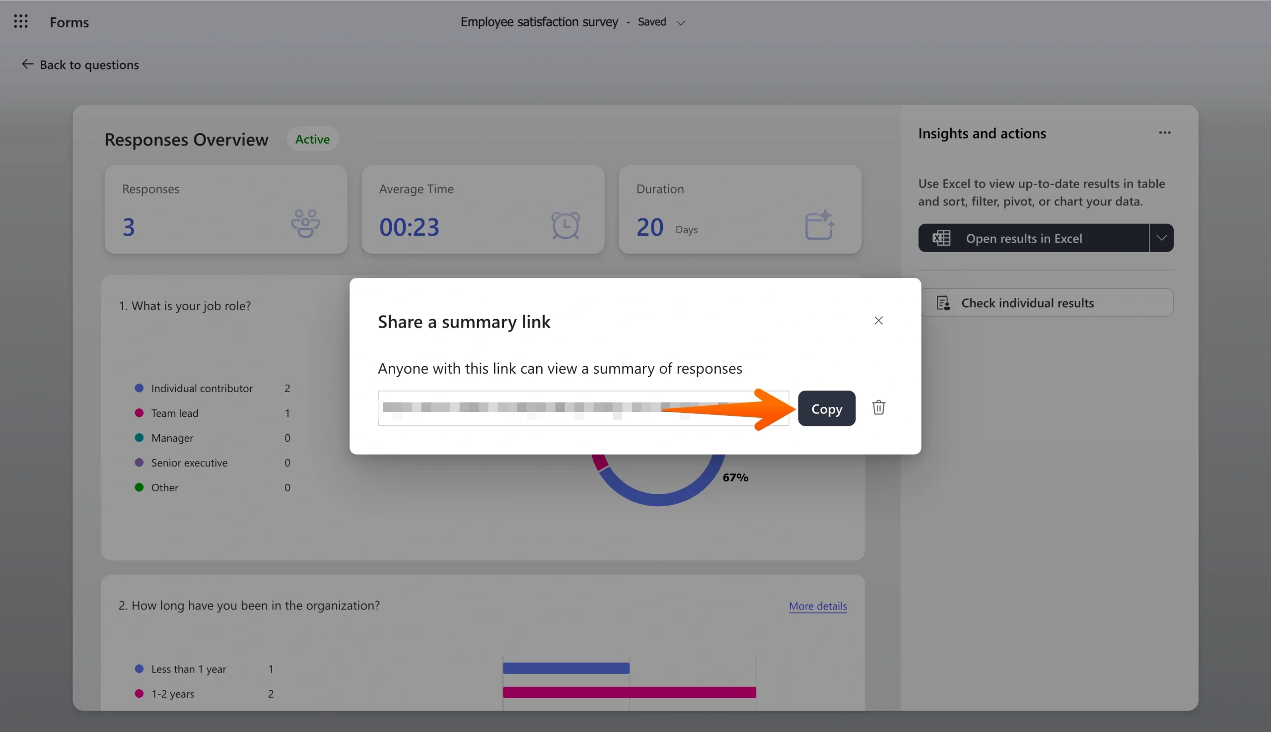 Microsoft Forms popup showing a shareable summary link with the Copy button highlighted