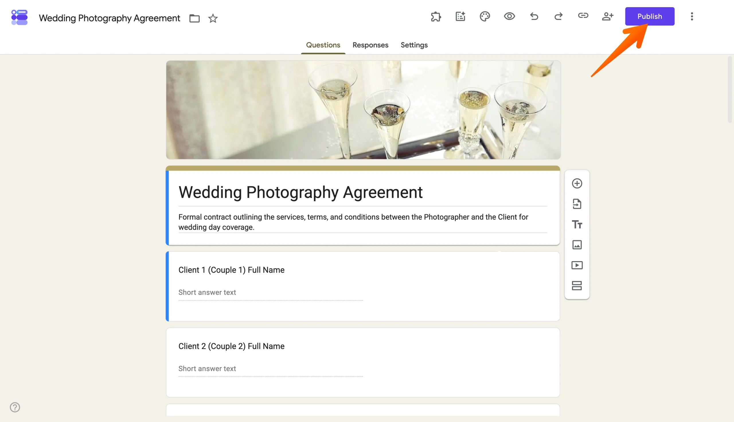 Google Forms editor with an arrow pointing to the Publish button in the upper-right corner