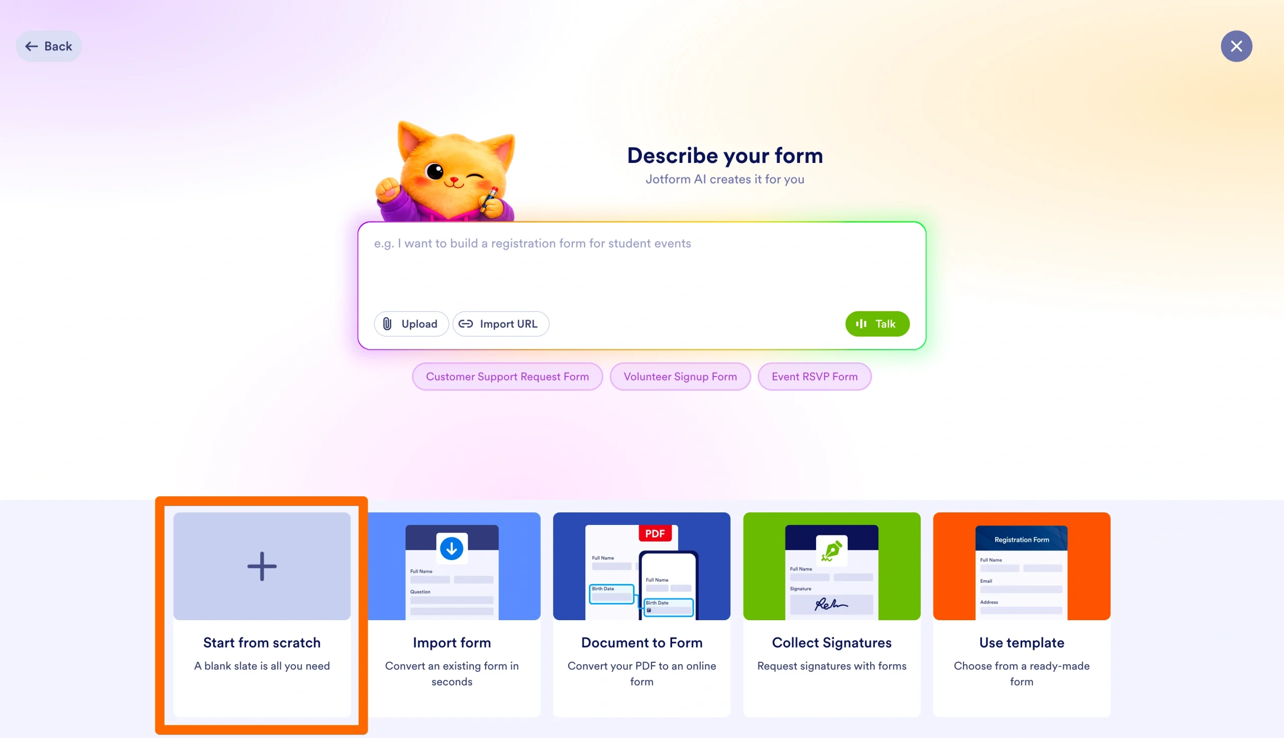 Jotform form creation screen with Start from scratch highlighted