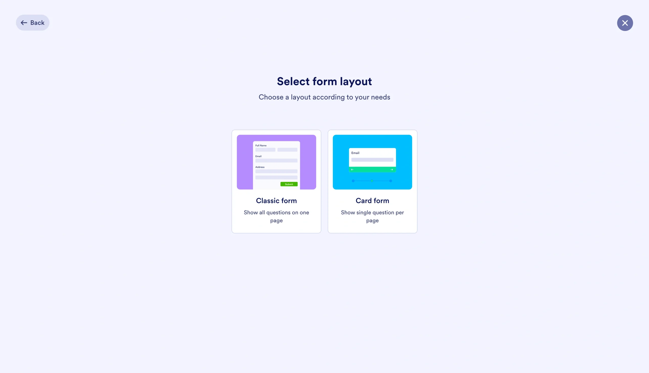 Jotform form layout selection screen with Classic Form and Card Form options