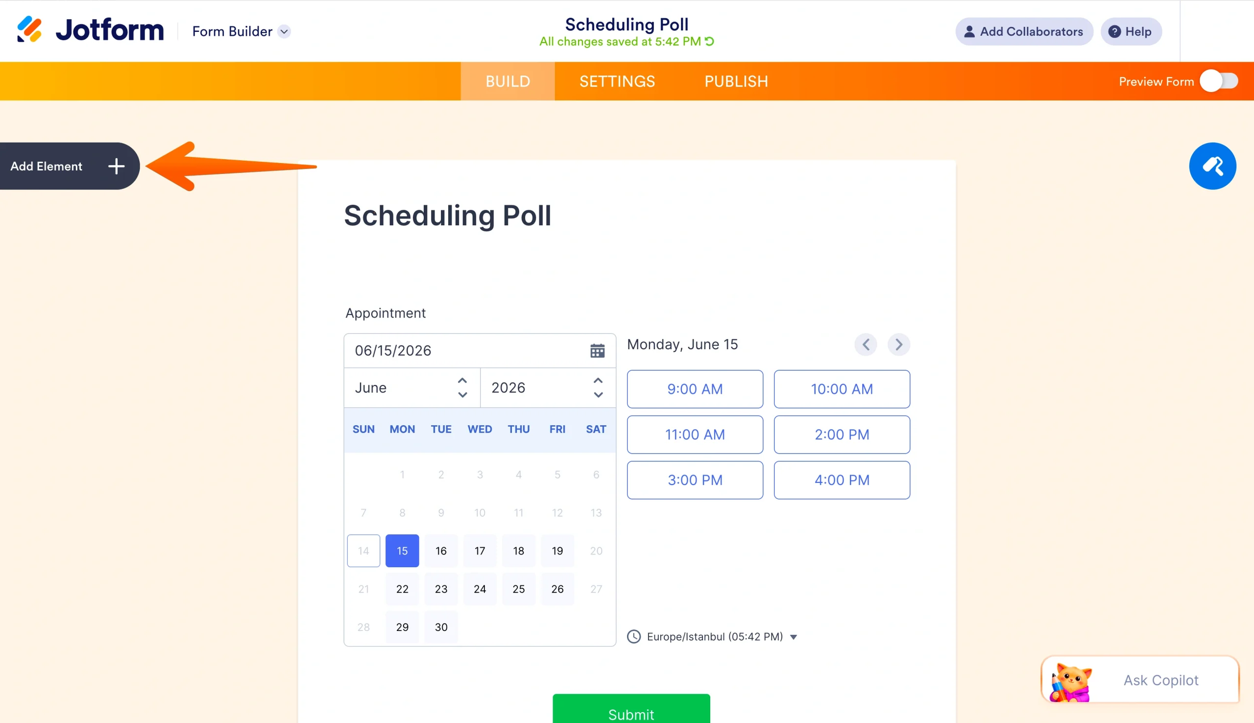 Jotform Form Builder with the Add Element button highlighted