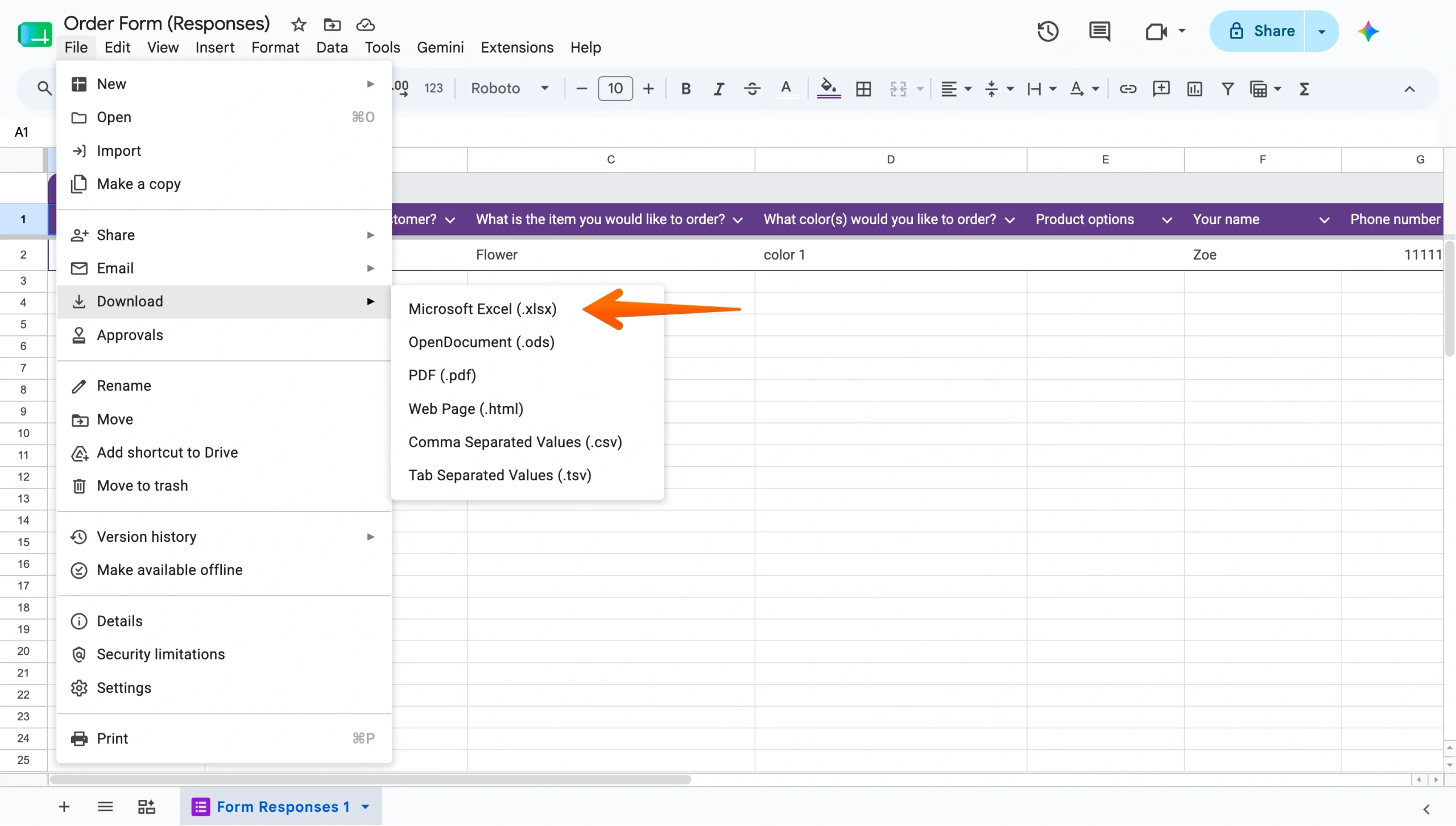 Google Sheets File menu showing the Microsoft Excel download option