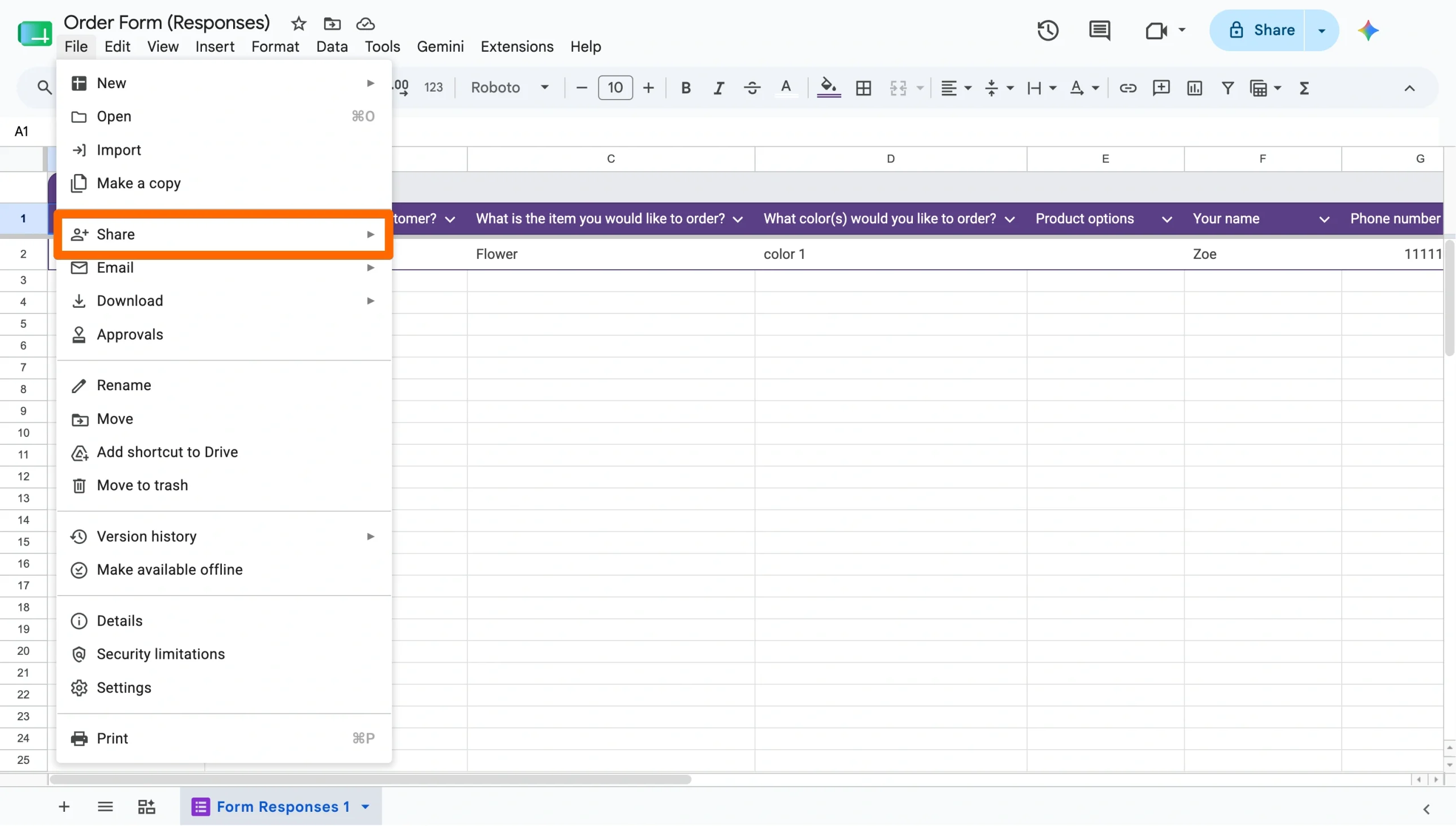 Google Sheets response spreadsheet with the Share option visible