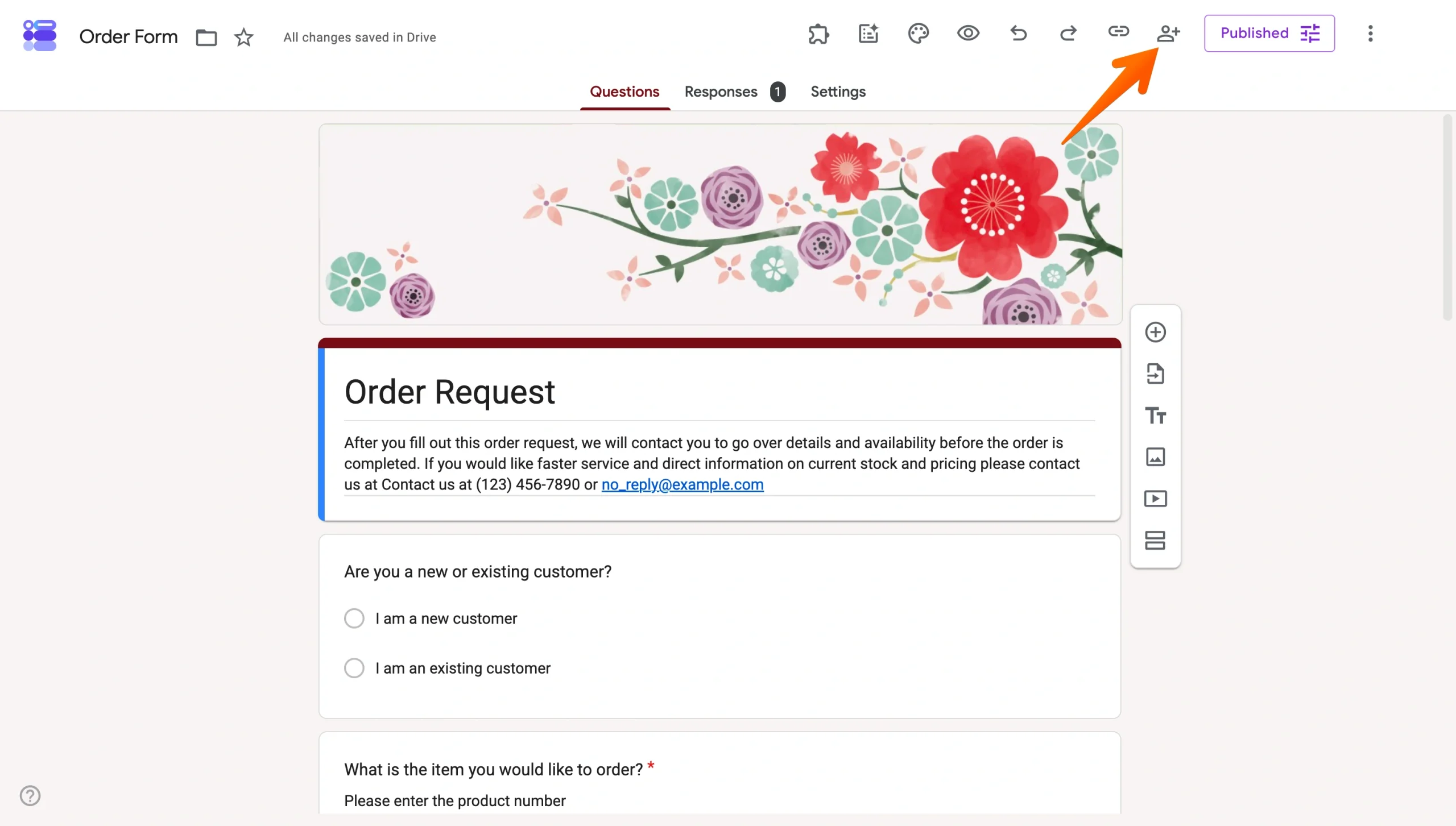 Google Forms editor with the Share icon highlighted in the top-right toolbar