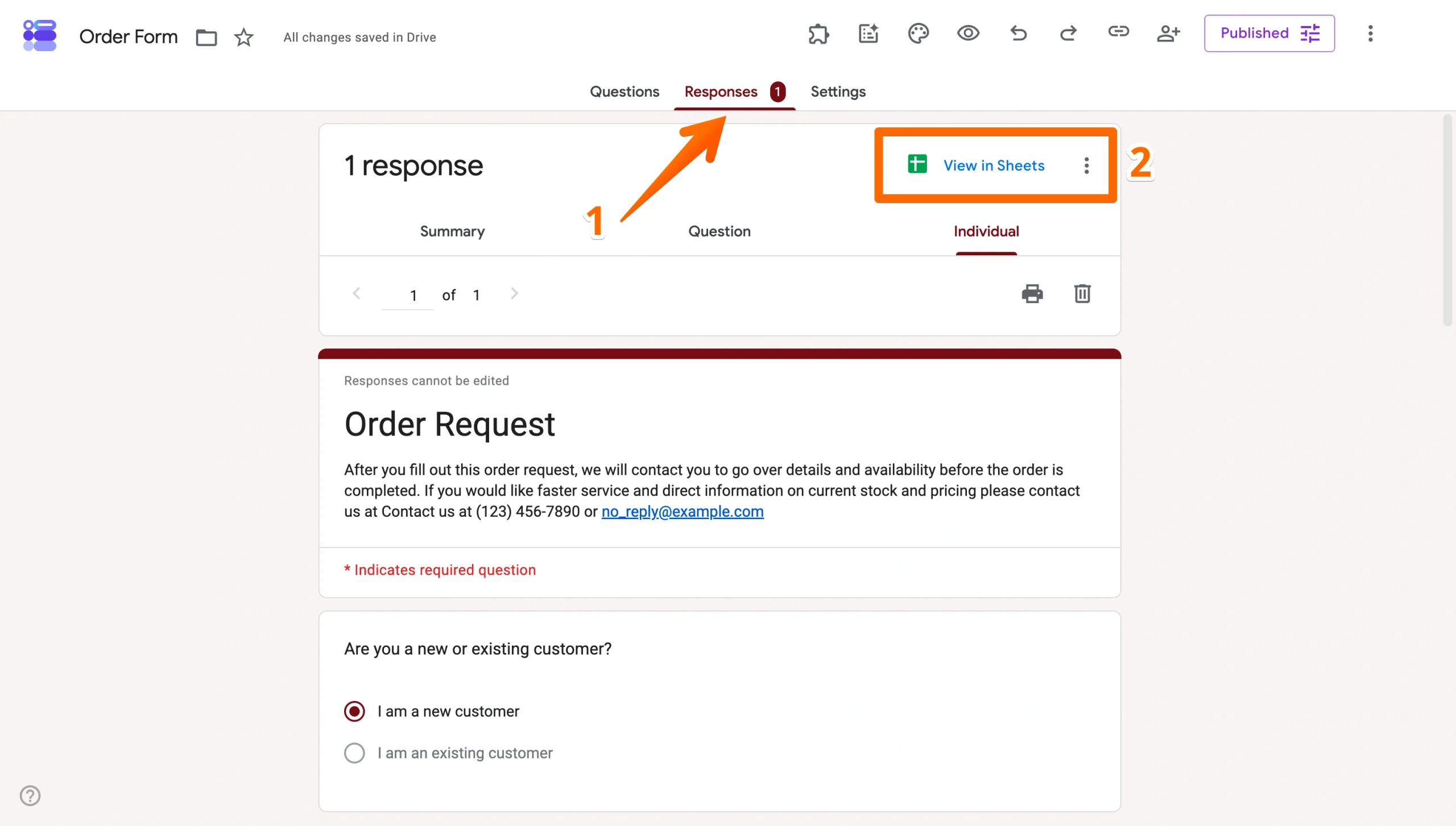 Google Forms Responses tab with the View in Sheets button highlighted