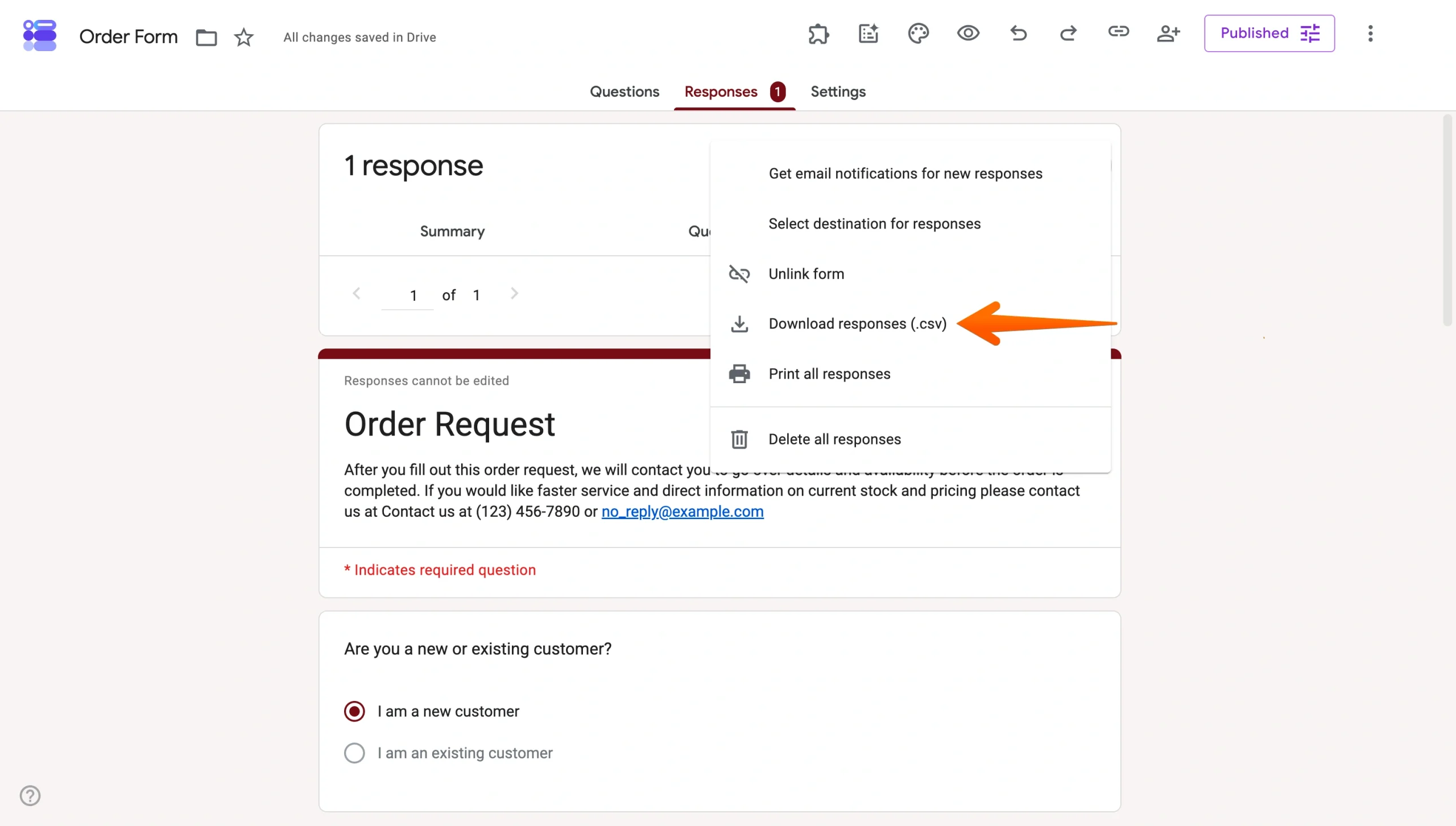 Google Forms More menu showing the Download responses CSV option