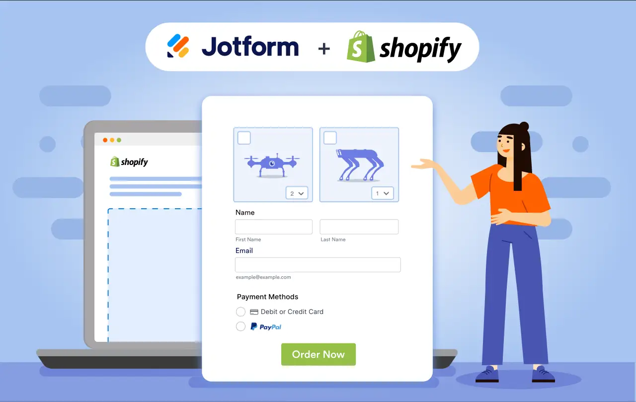 Illustration of Jotform and Shopify logos above an online order form with product options and payment methods
