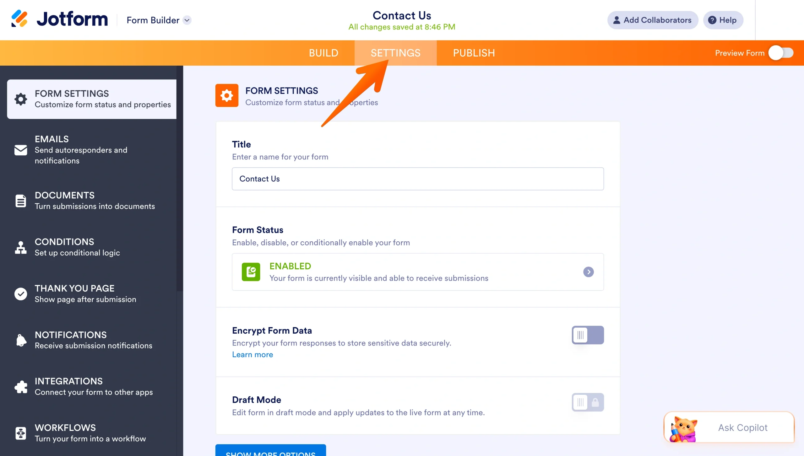 Screenshot of the Jotform Form Builder with the Settings tab selected