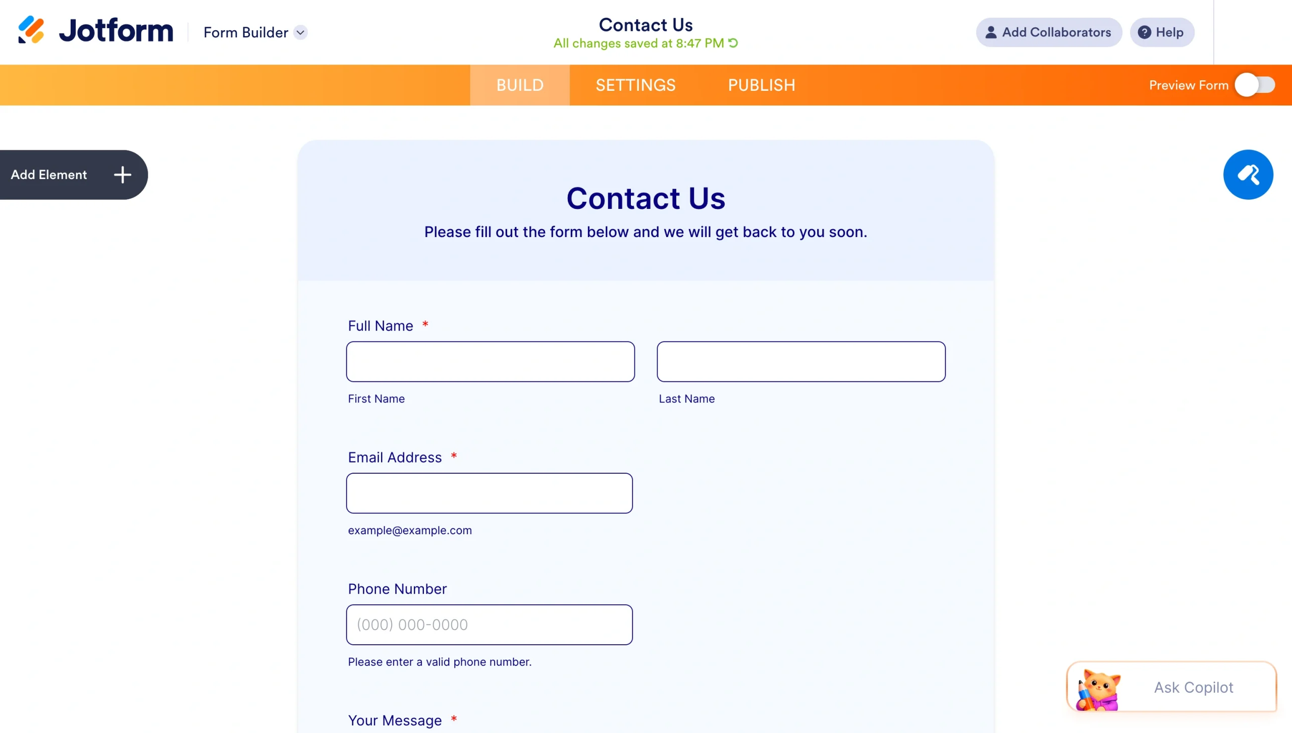 Screenshot of a Jotform contact form open in Form Builder