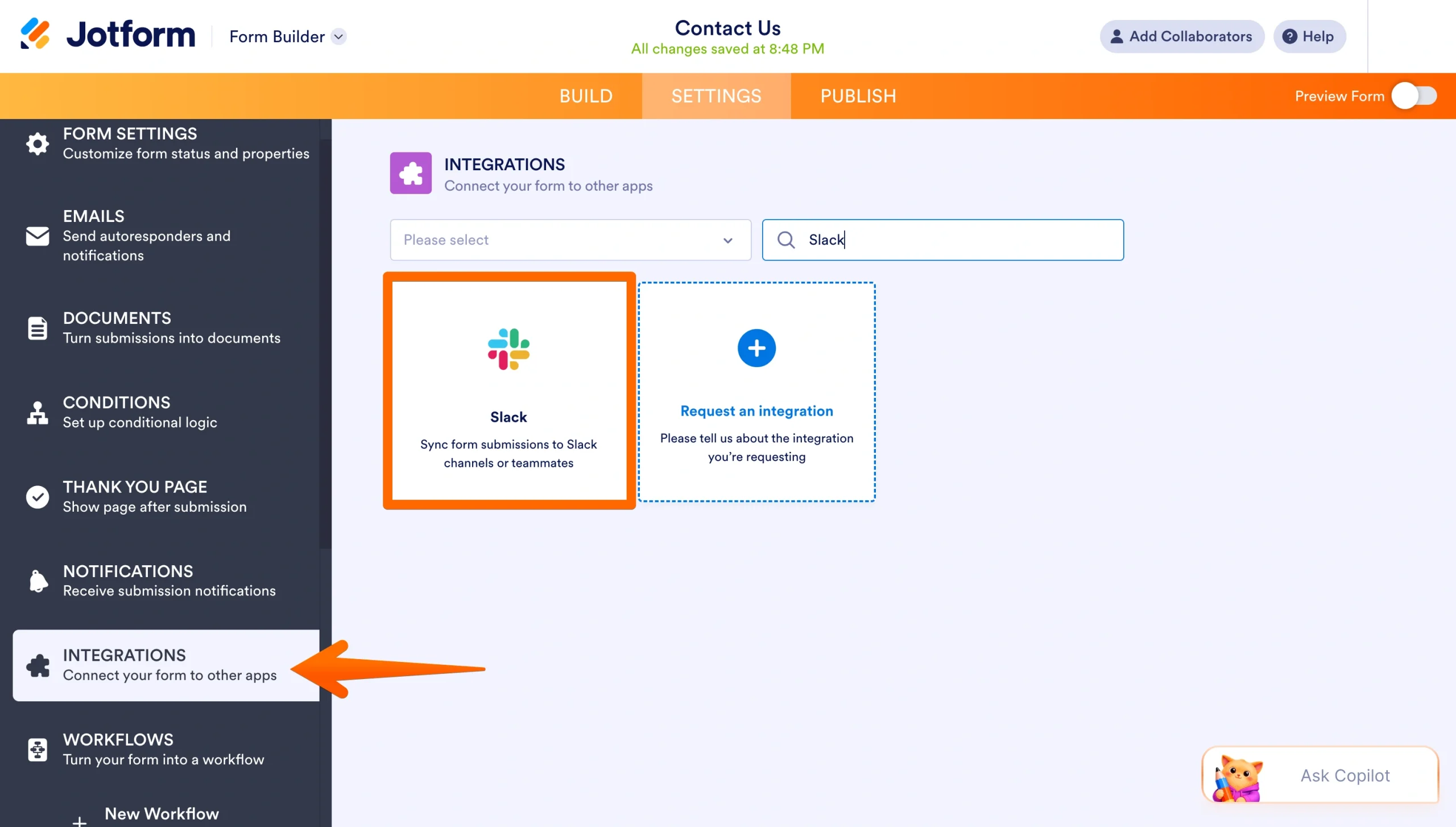 Screenshot of the Jotform Integrations menu with Slack selected from the integration search results
