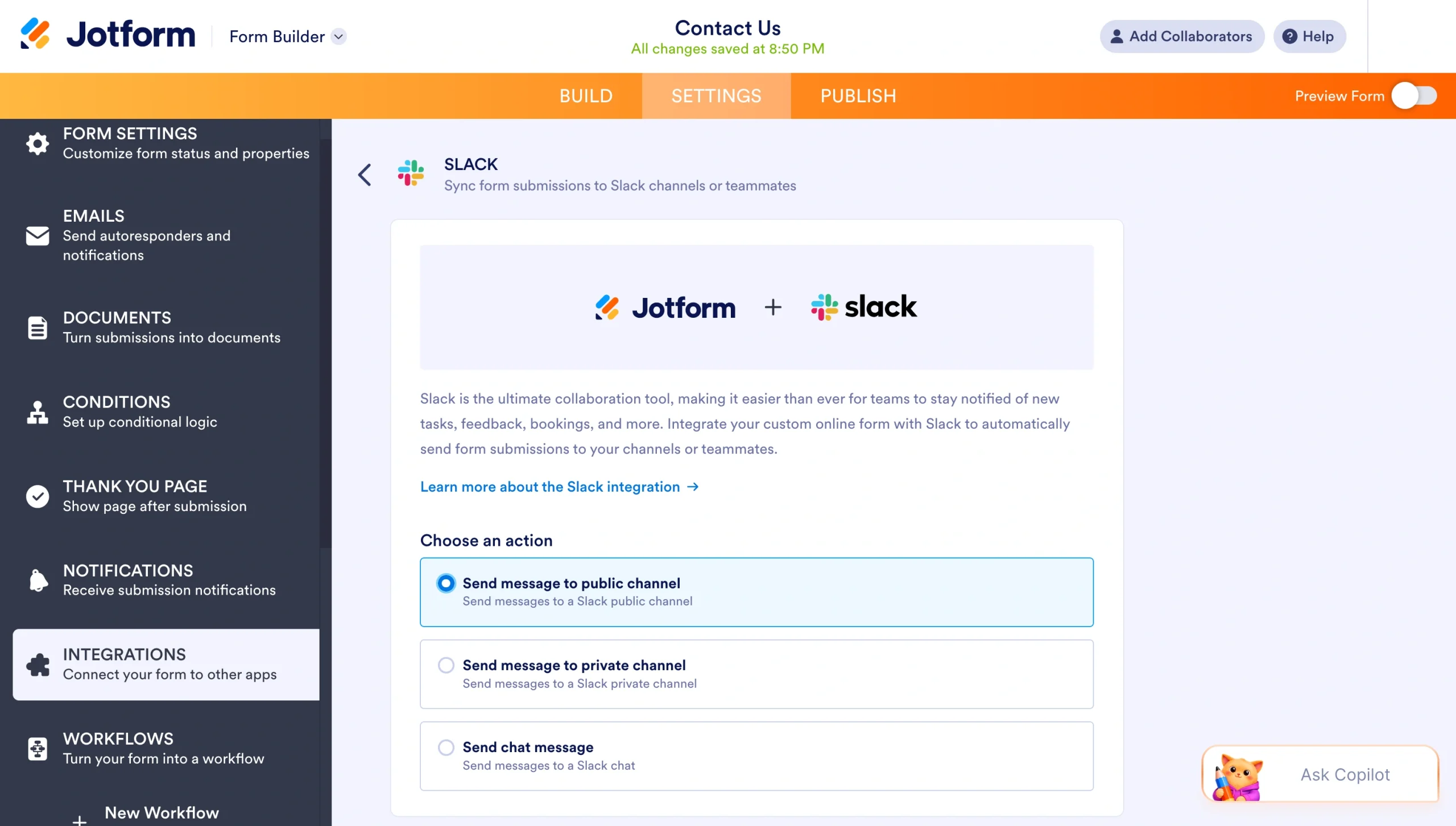 Screenshot of the Jotform Slack integration page showing available Slack action options