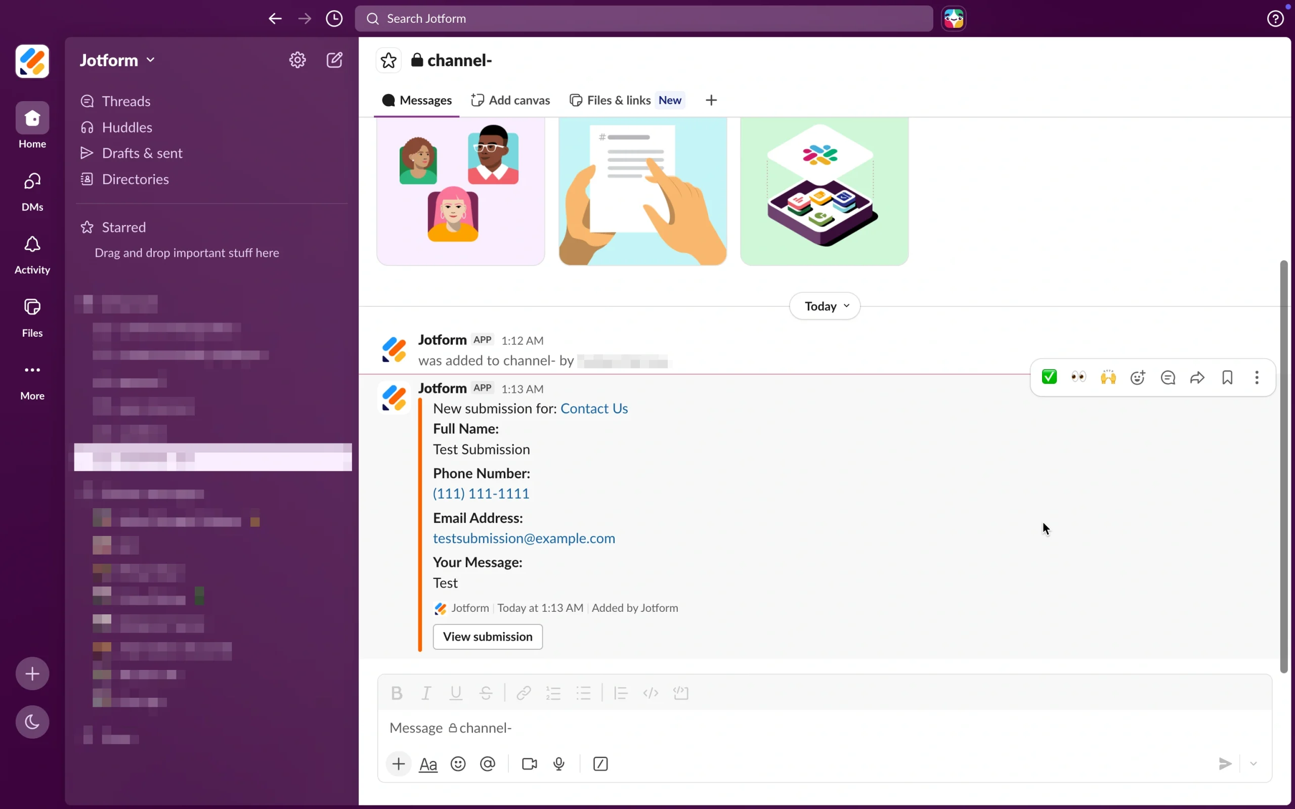 Screenshot of a Slack channel showing a test Jotform submission message with form response details