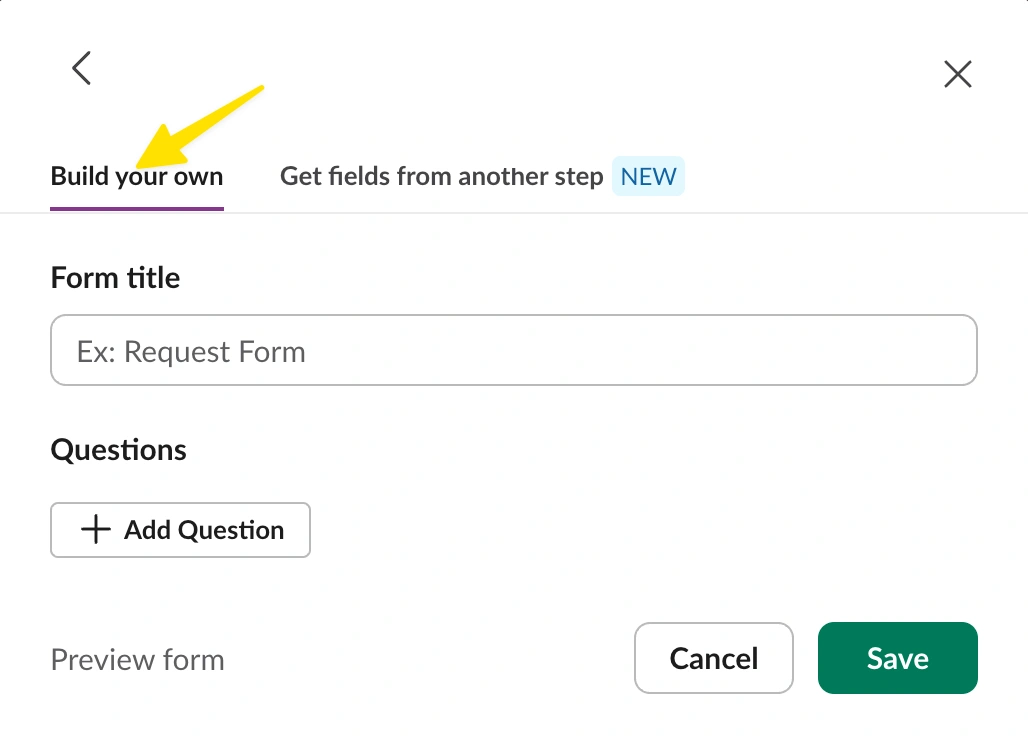 Slack form builder screen showing options to build a form, add a form title, and create questions