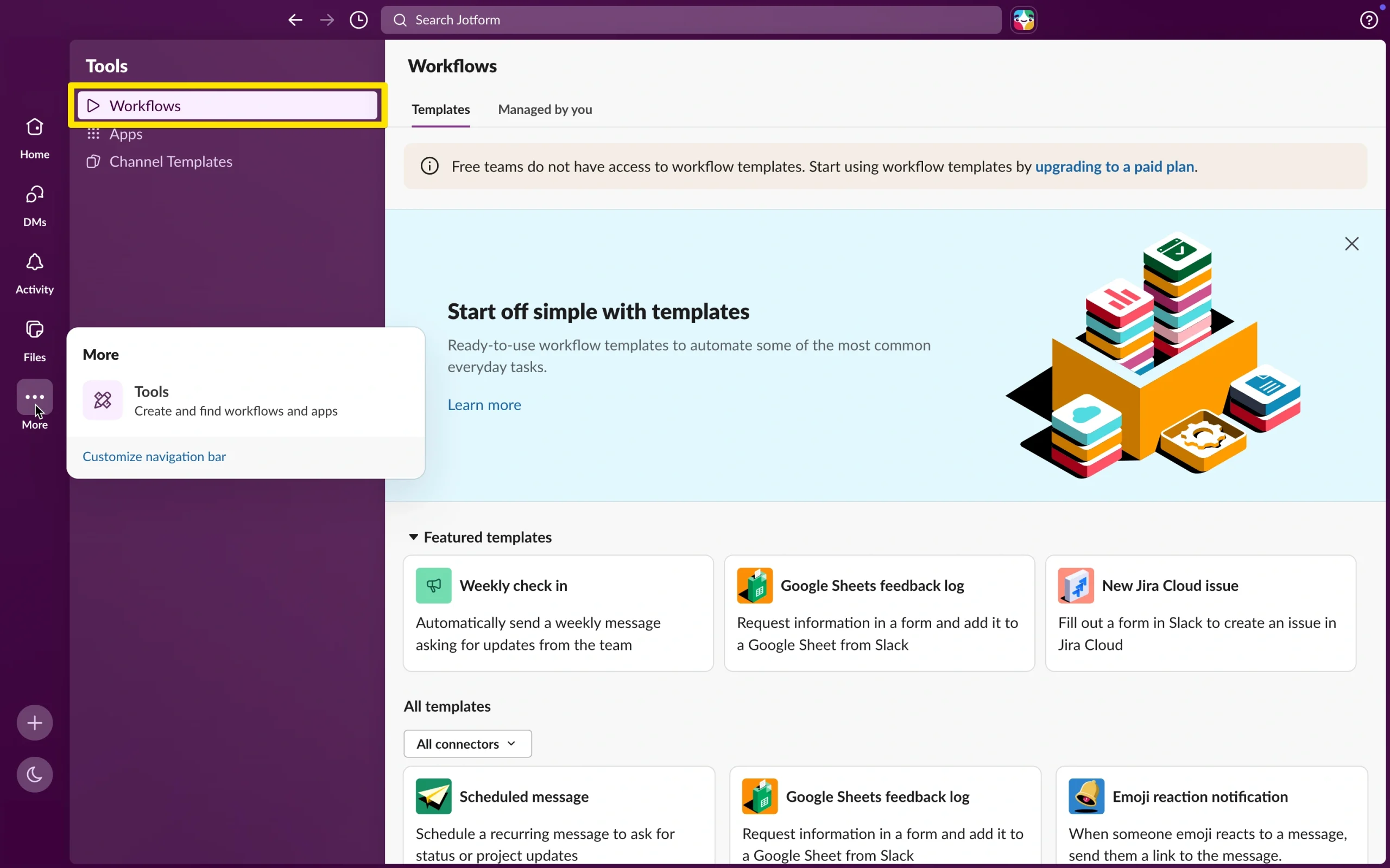 Slack desktop app with the Tools menu open and Workflows selected in the sidebar