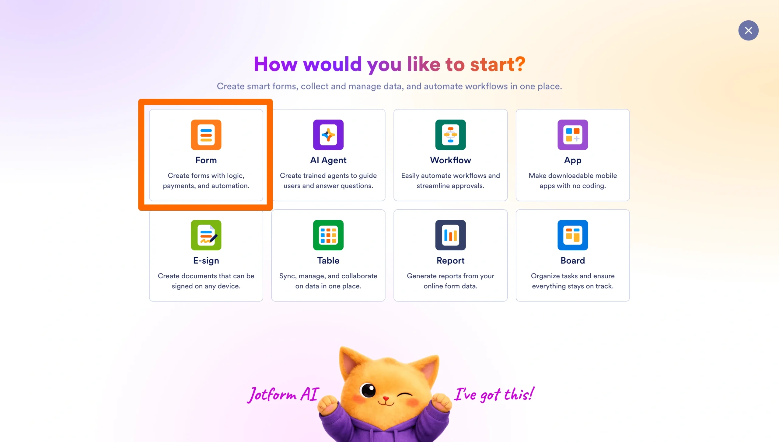 Jotform account page with instructions to create a new form by selecting Form from the create options