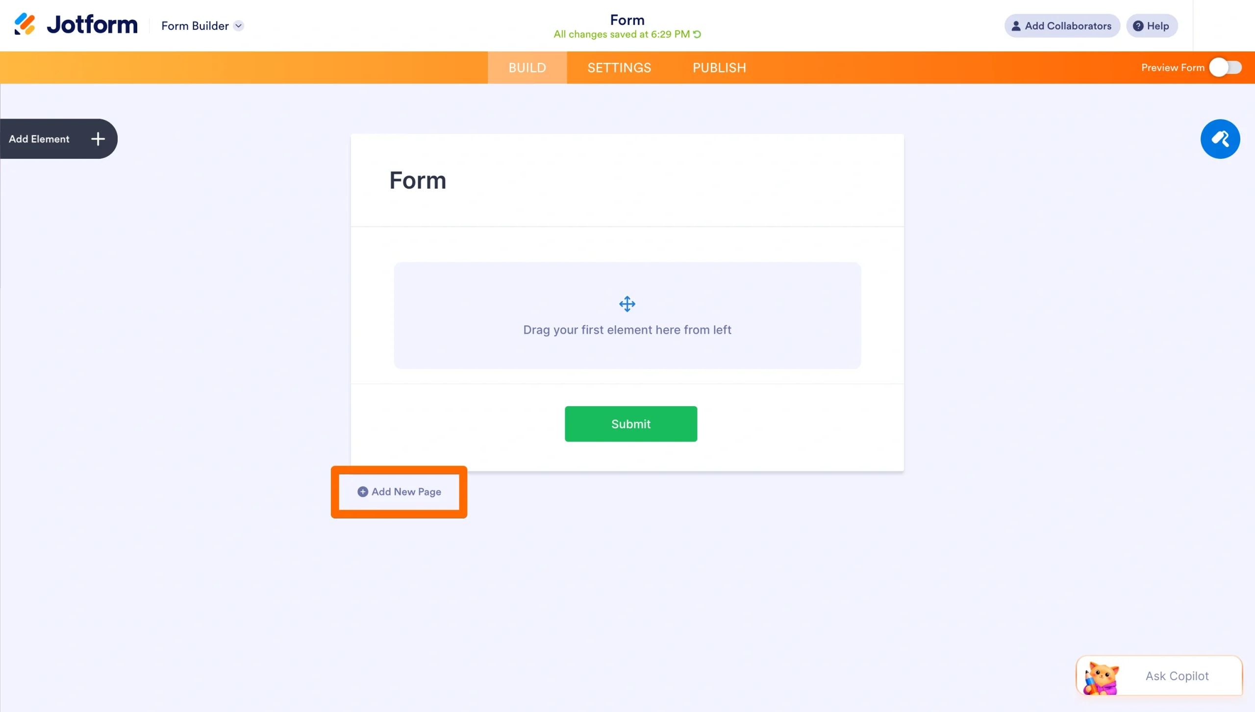 Jotform Form Builder showing the Add New Page button below the form canvas
