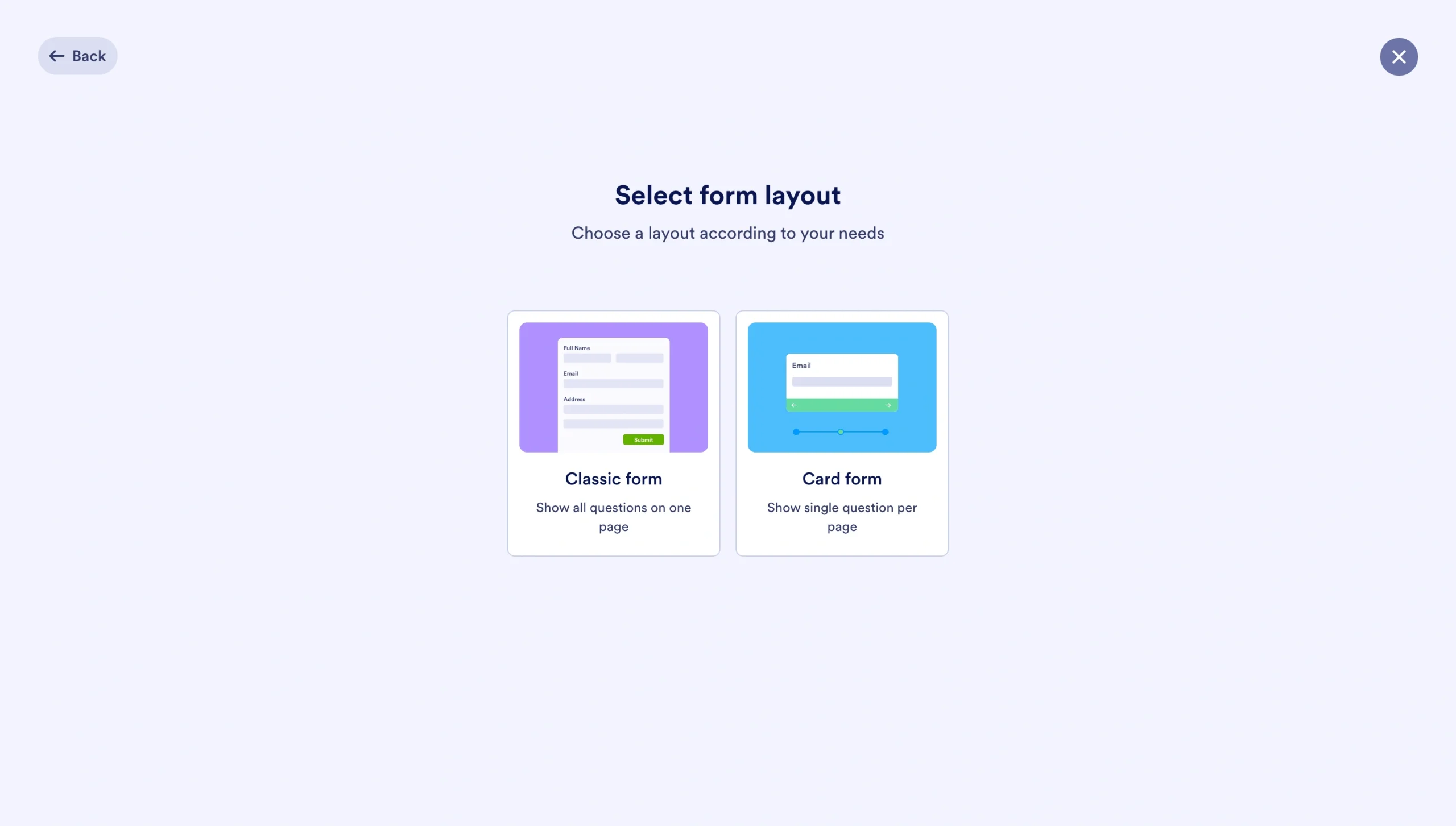 Jotform layout selection screen with Classic form and Card form options