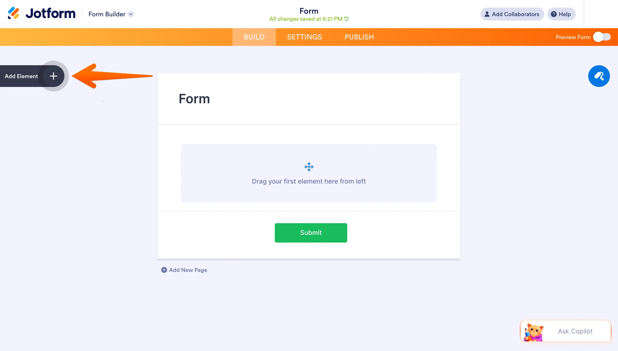 Jotform Form Builder showing the Add Element button on the left side of the editor