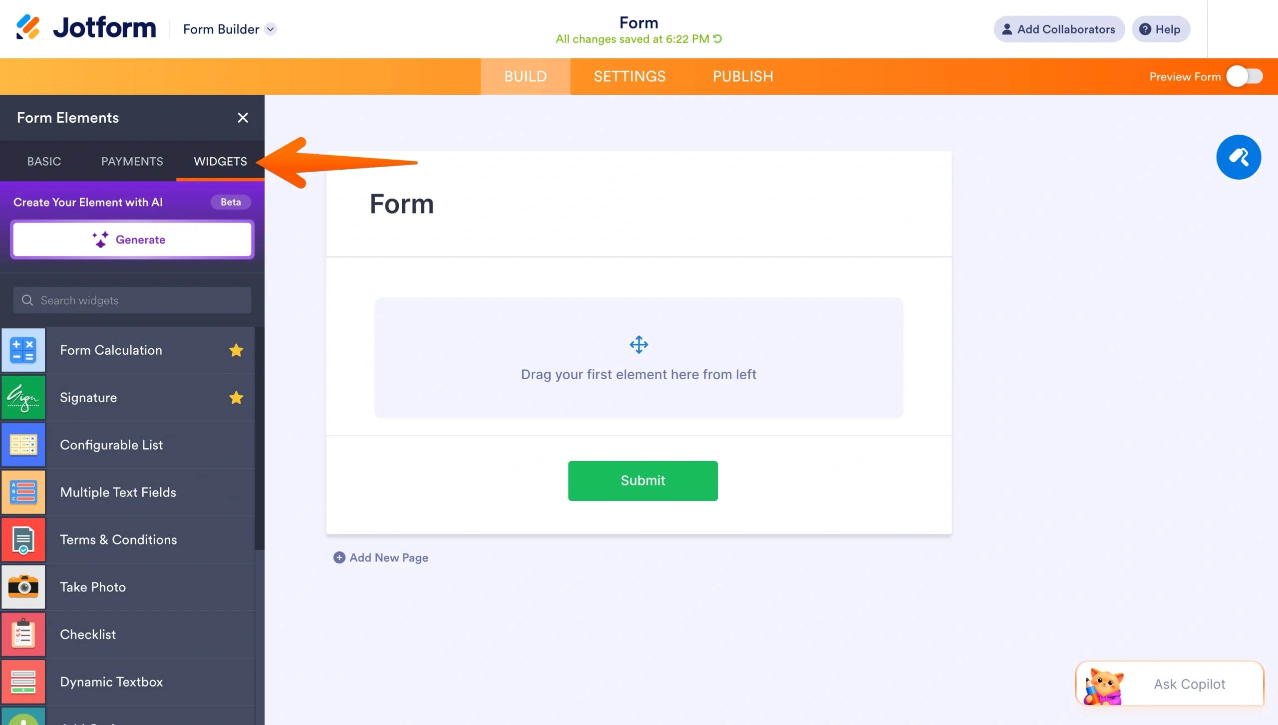 Jotform Form Builder with the Widgets tab selected in the left panel