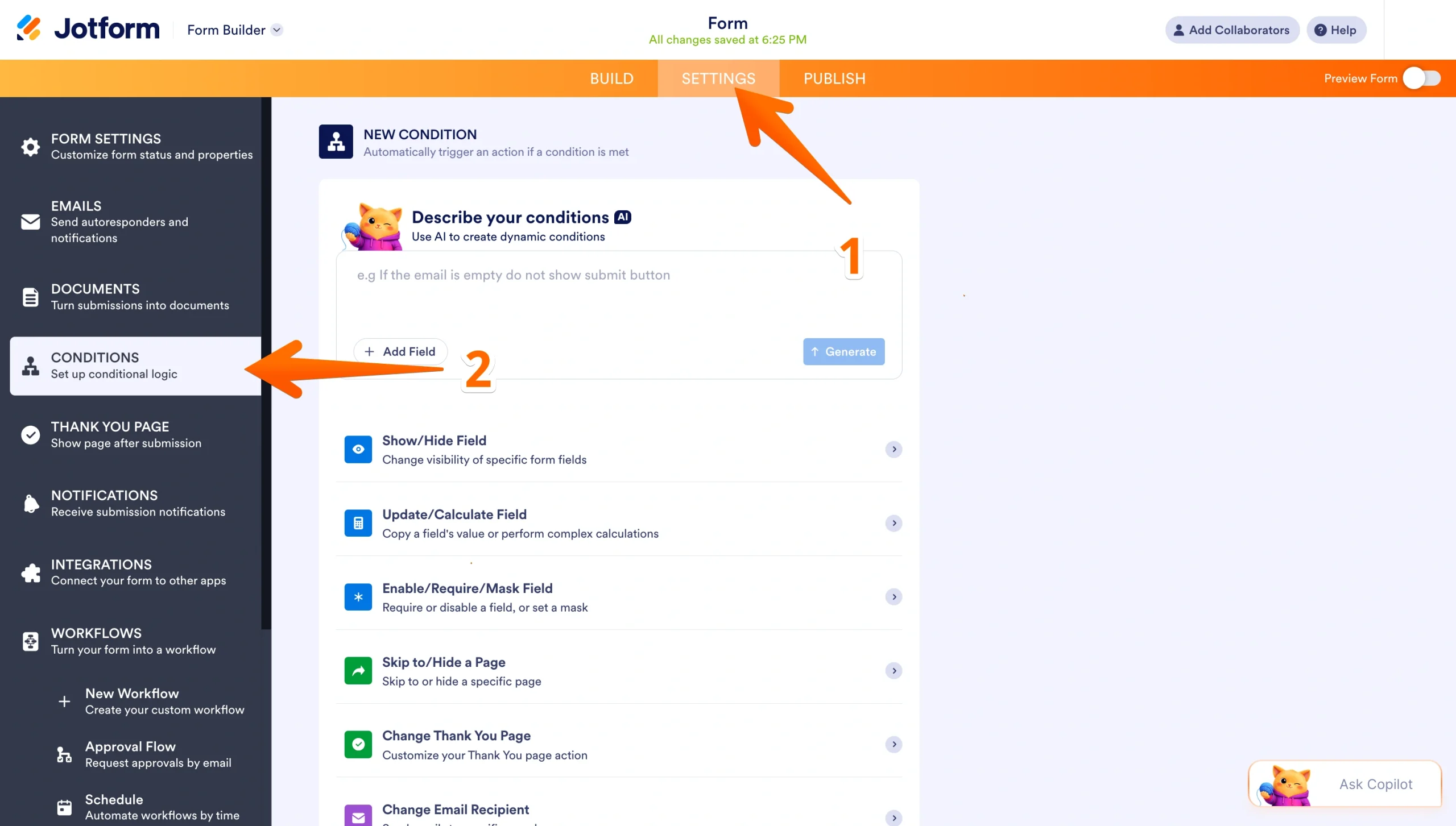 Jotform Form Builder showing the Settings tab and Conditions menu highlighted with arrows