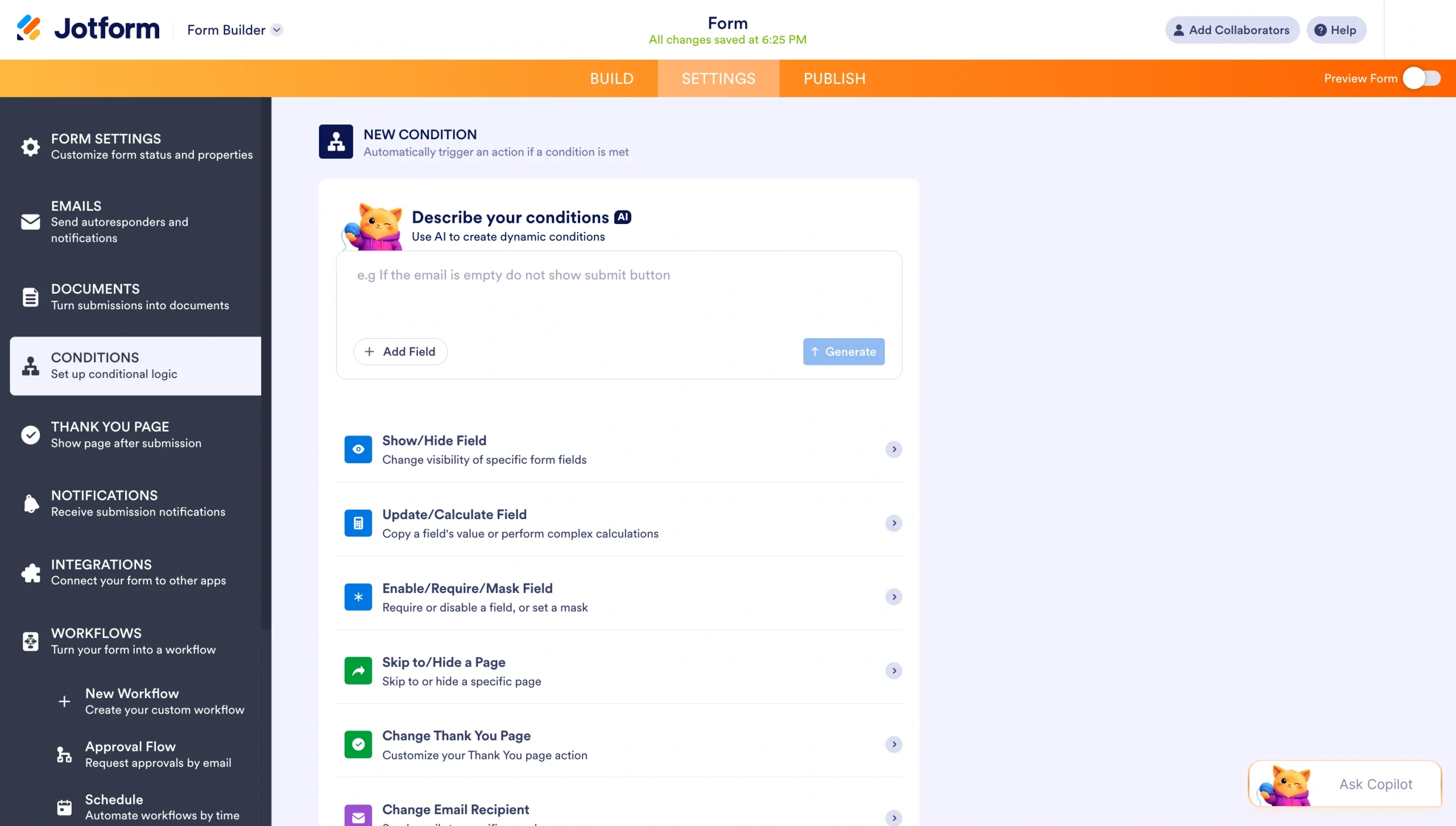 Jotform conditions panel showing available condition types, including Show/Hide Field