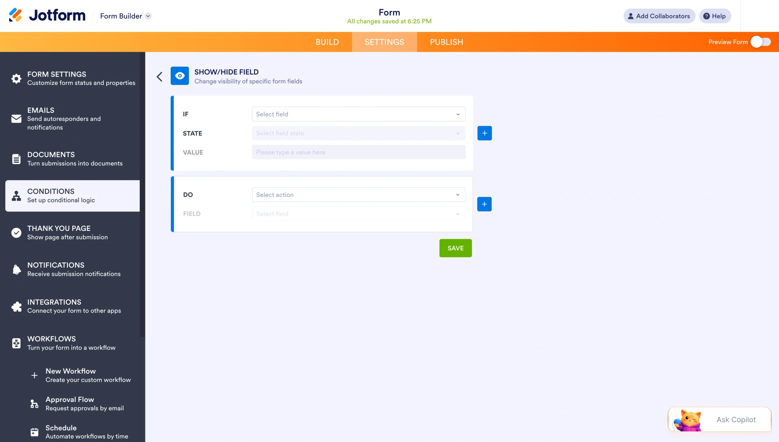 Jotform Show/Hide Field condition editor with IF/DO rule fields