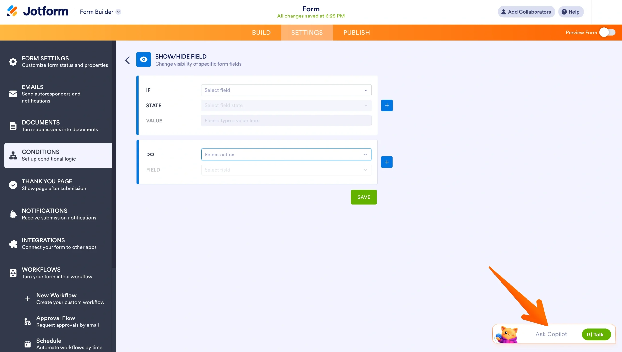 Jotform condition editor with the Ask Copilot button highlighted in the lower-right corner