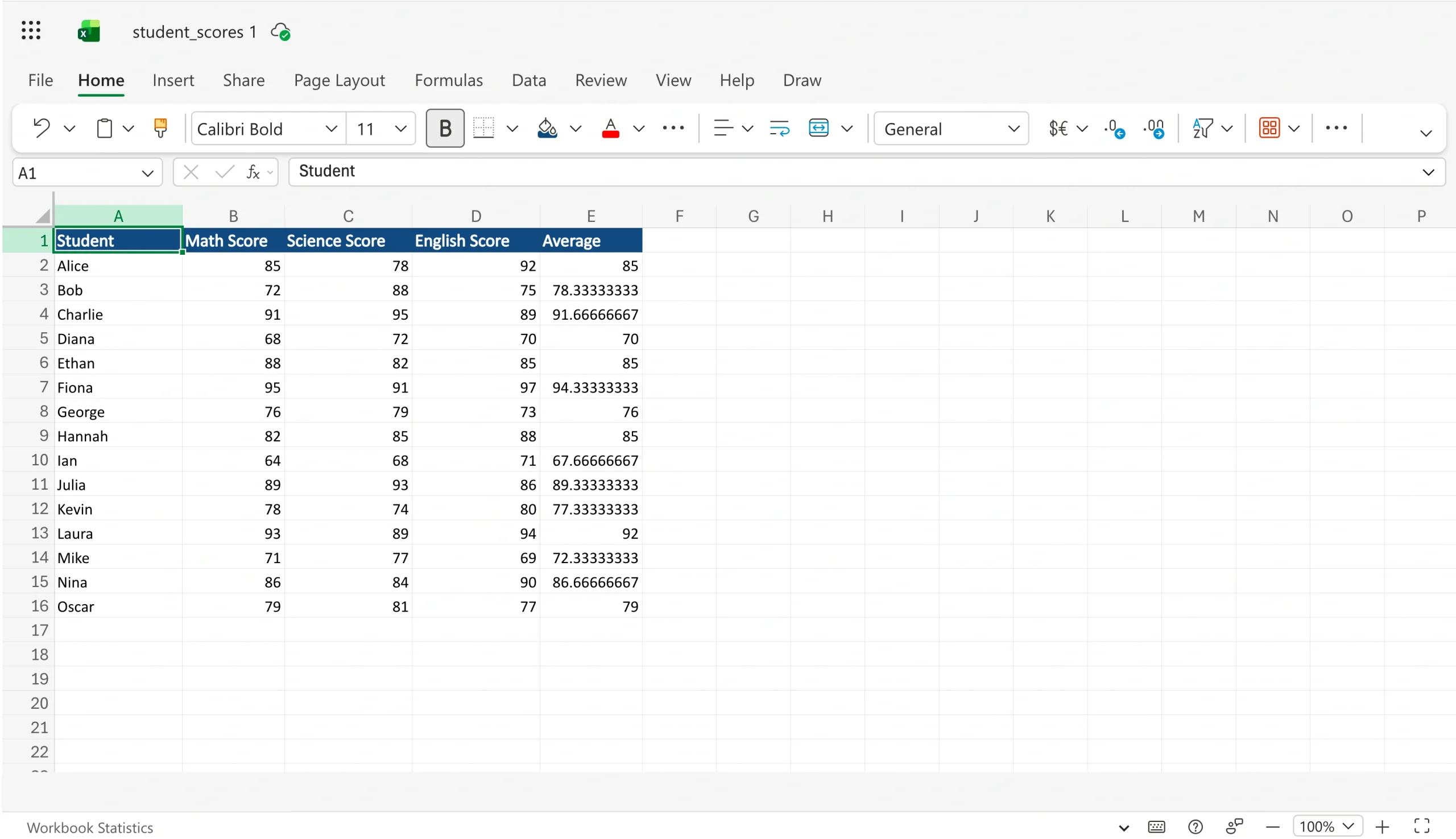 Excel spreadsheet with student scores entered in a single column-based table