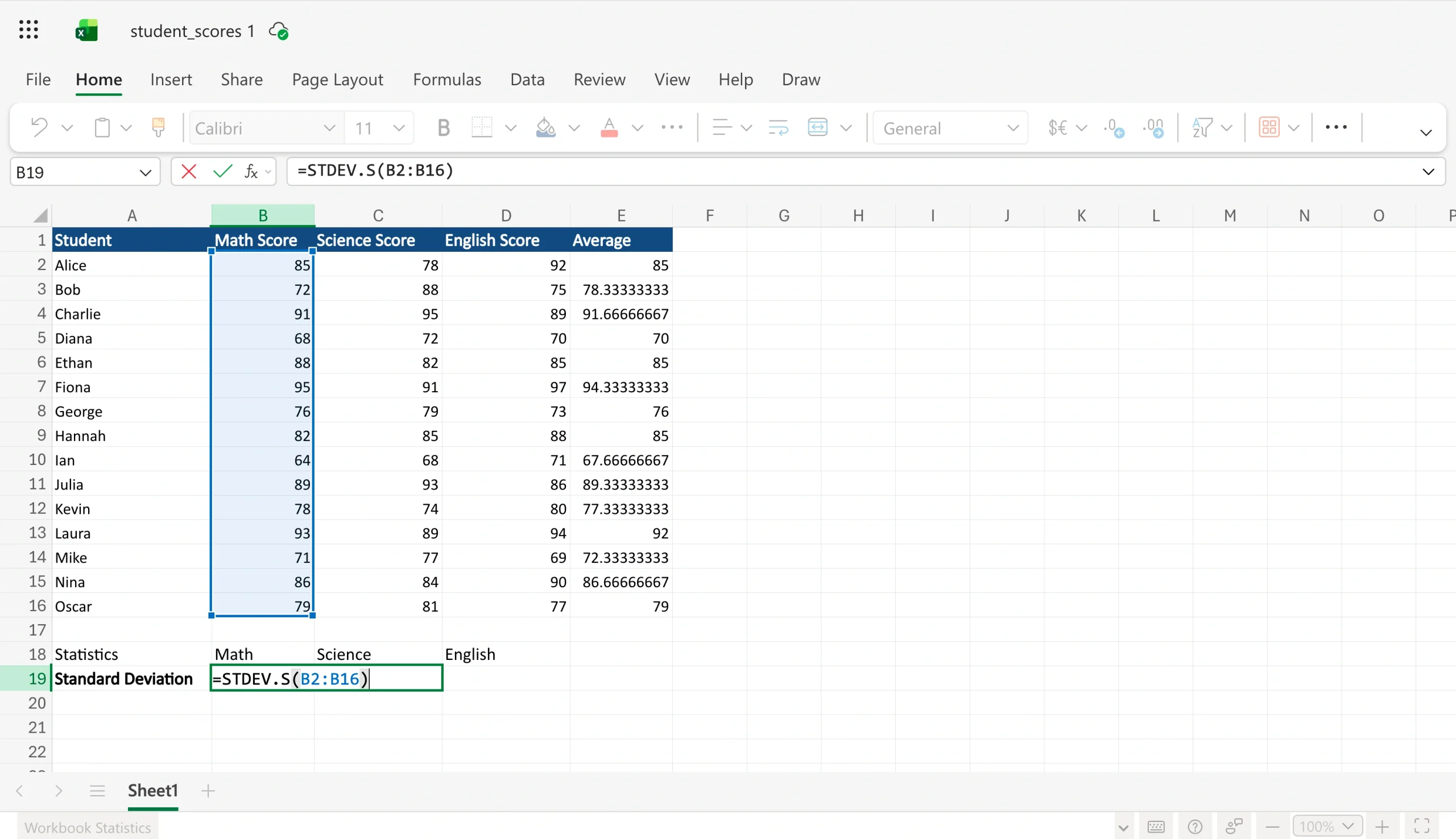 Excel formula entered to calculate standard deviation for the math scores column
