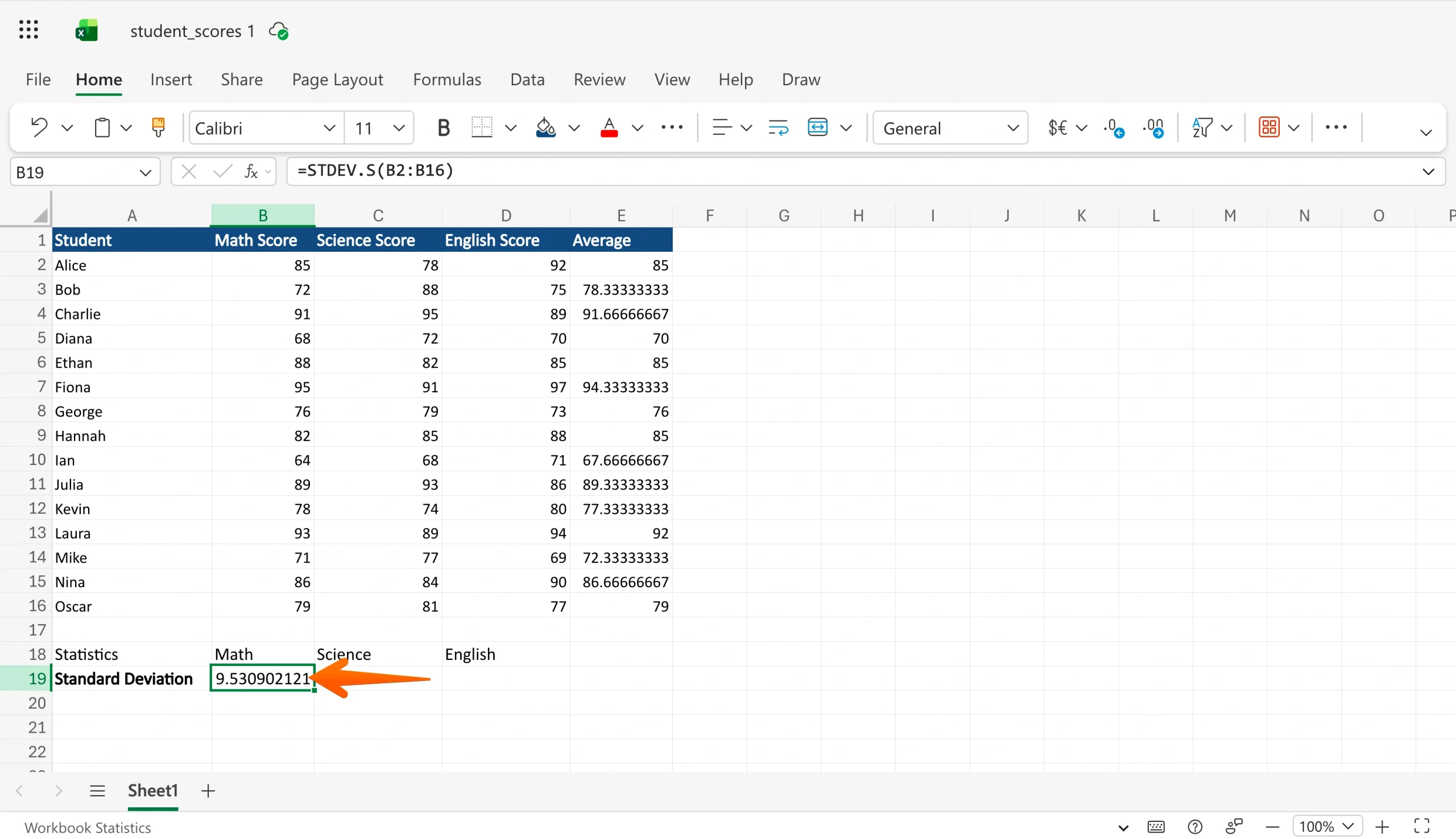 Excel spreadsheet showing the standard deviation result after pressing Enter
