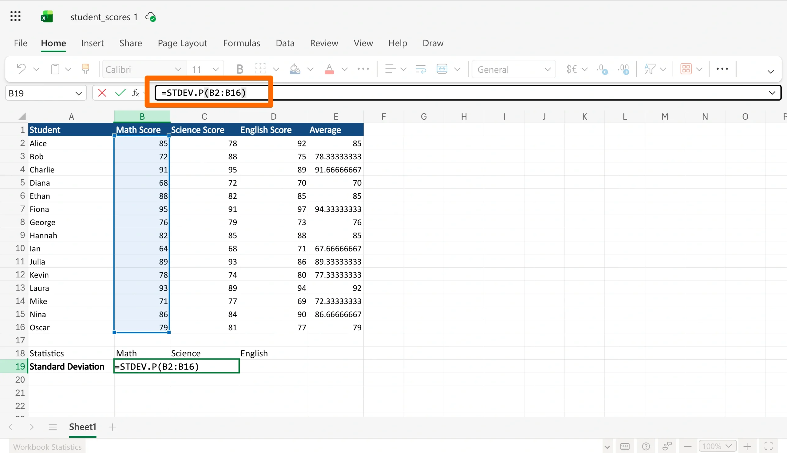 Excel spreadsheet showing the STDEV