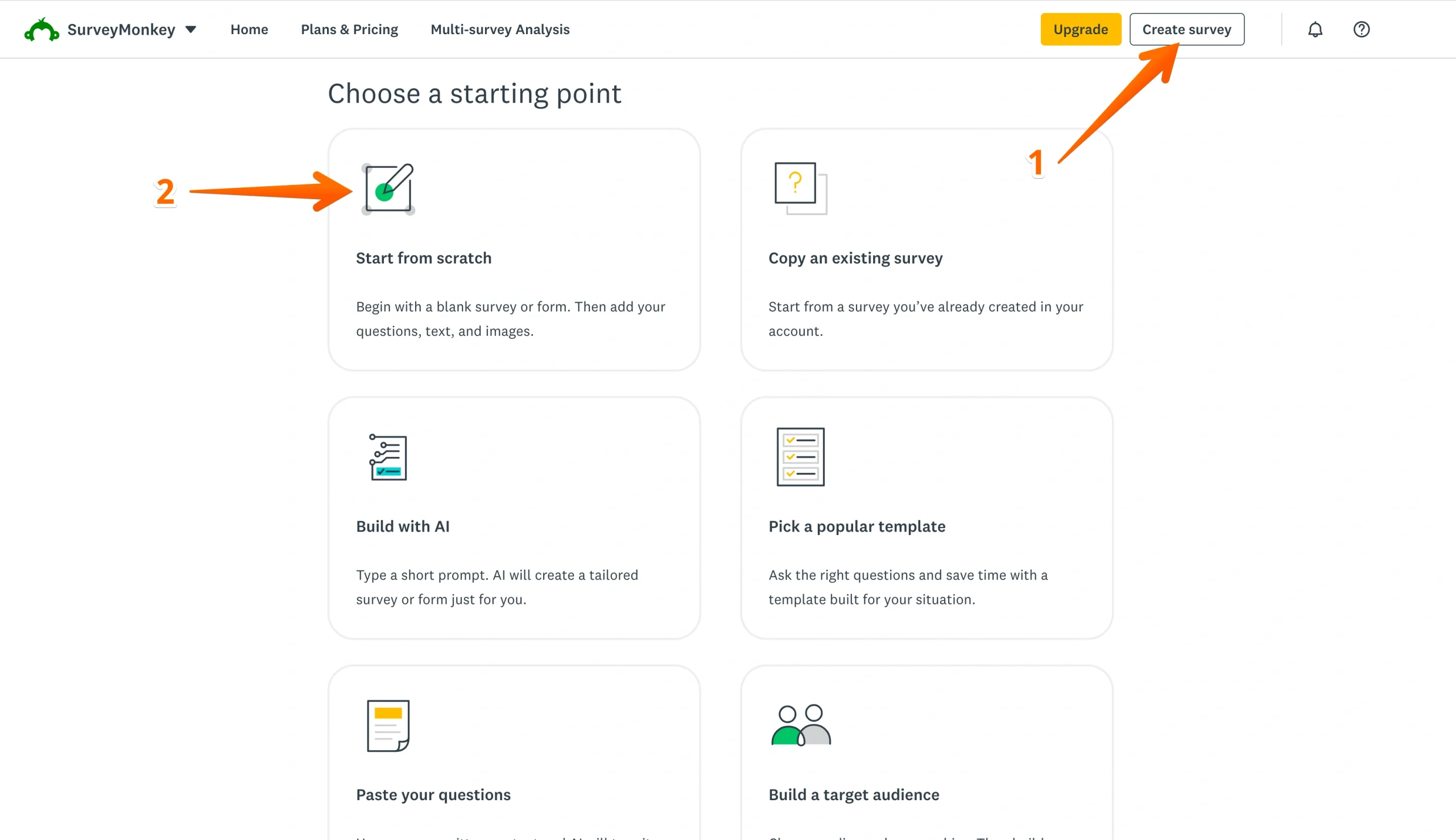SurveyMonkey Create survey button and Start from scratch option highlighted