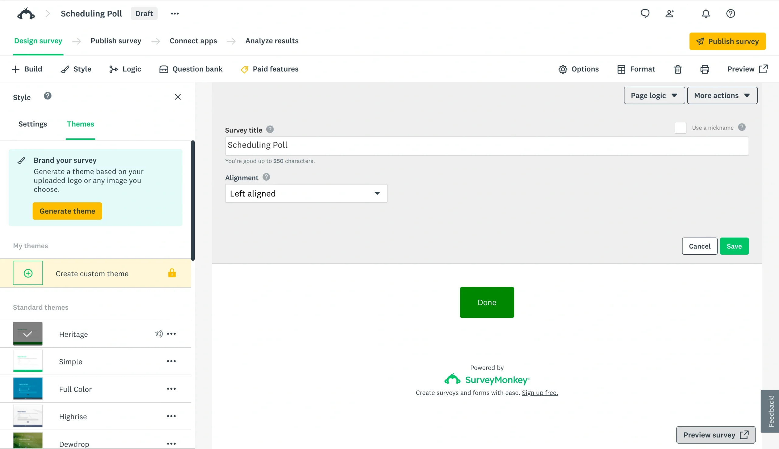 SurveyMonkey survey editor with the title field filled in