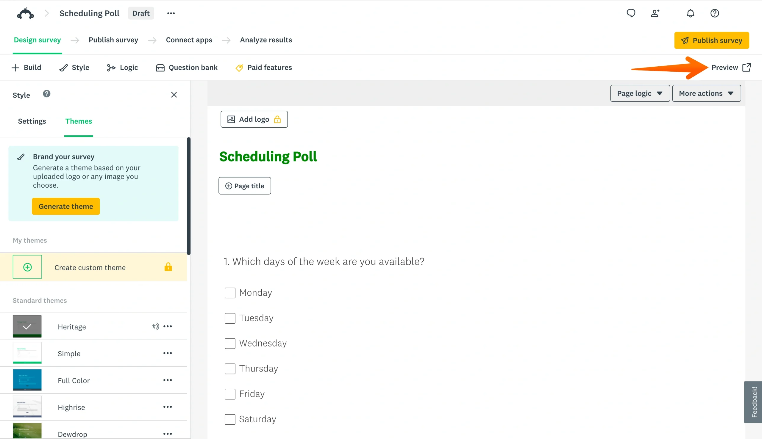SurveyMonkey Preview survey button highlighted after adding questions
