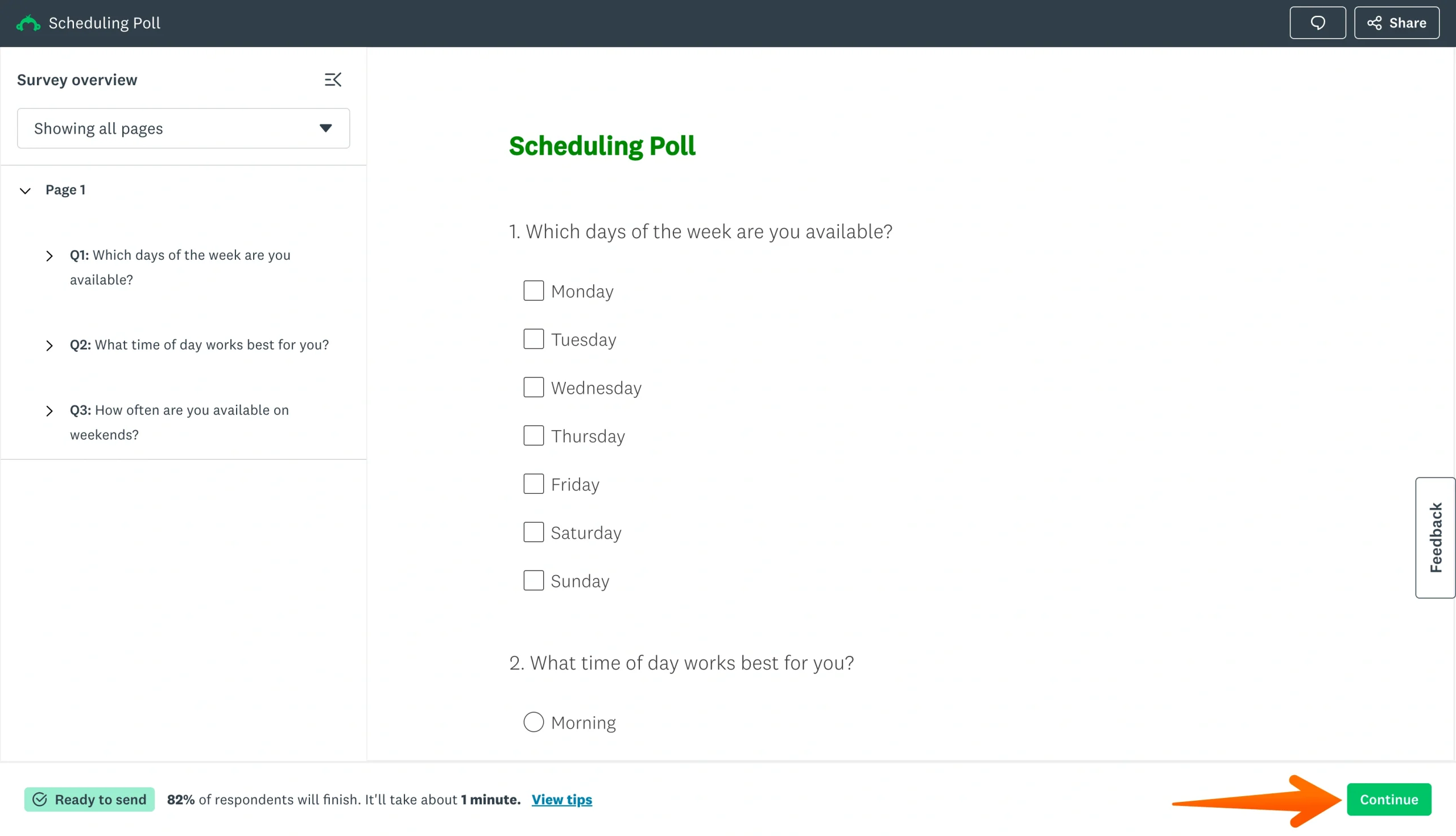 SurveyMonkey survey preview with the Continue button highlighted