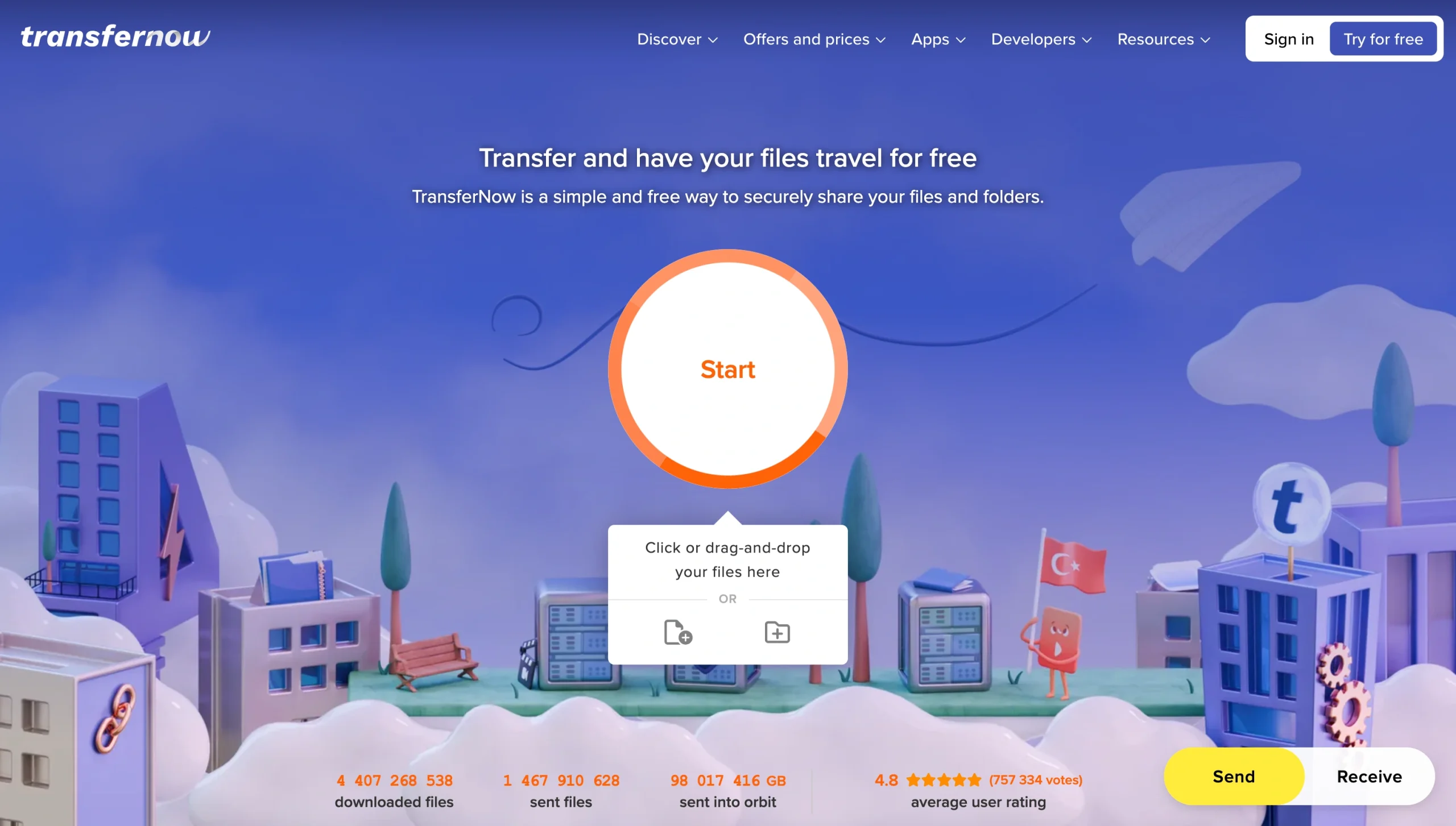 TransferNow homepage with drag-and-drop file upload box