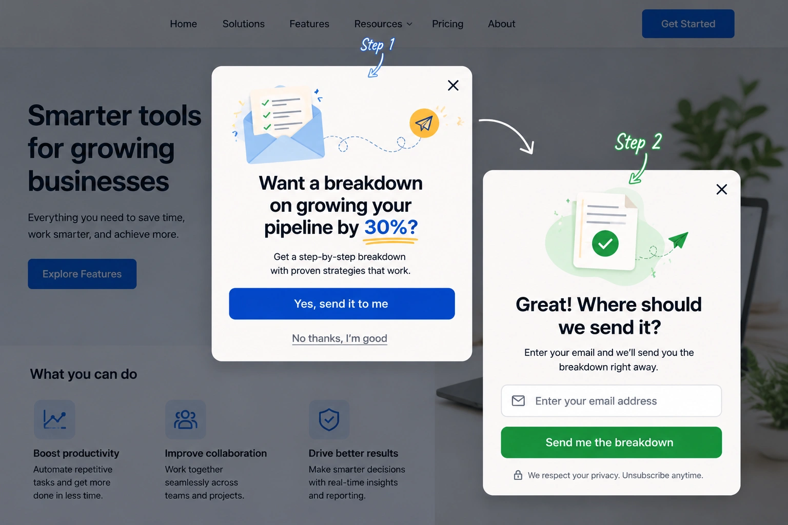 Two-step popup asking visitors if they want a breakdown, then requesting an email address