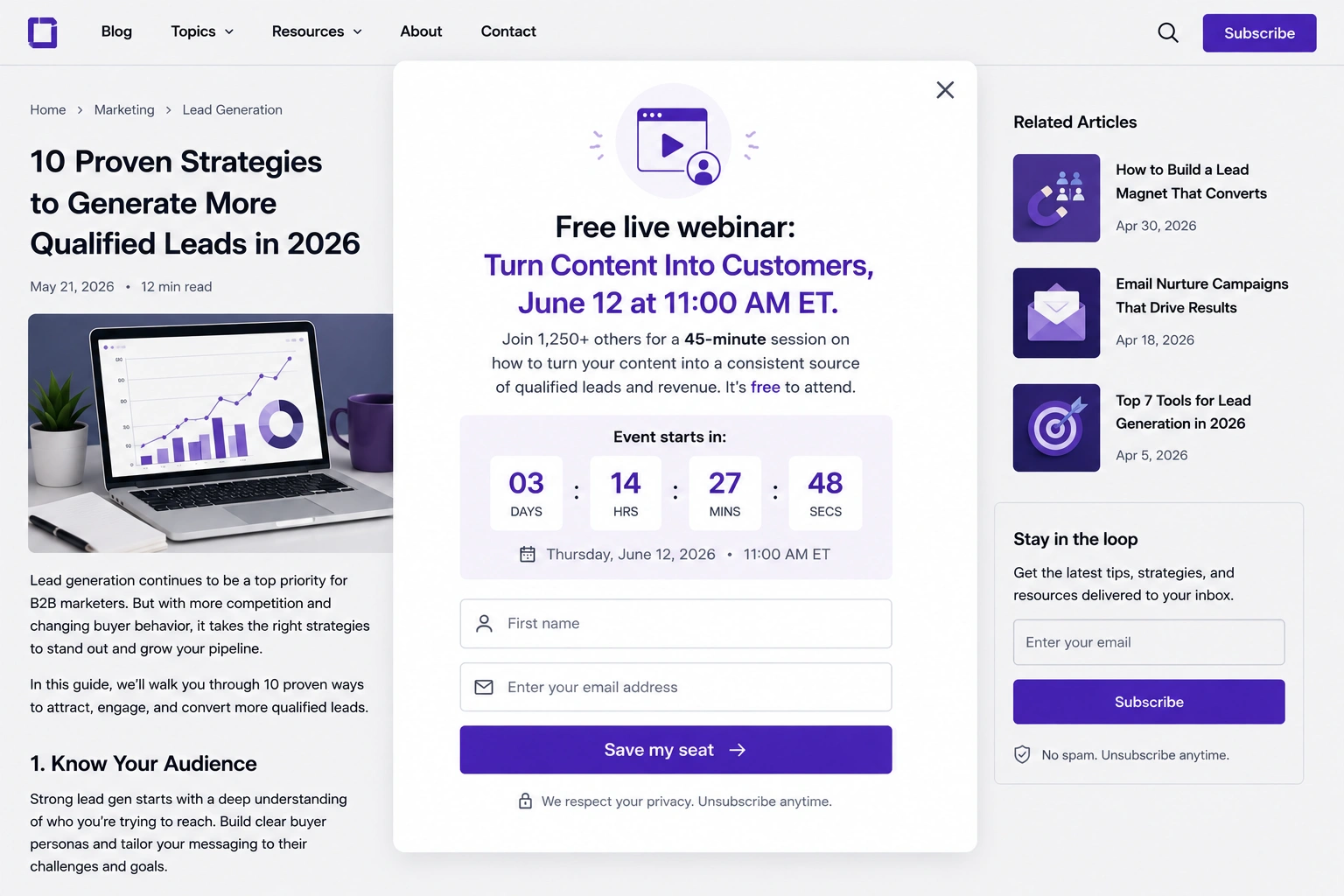 Webinar registration popup with event details, countdown timer, and name and email fields