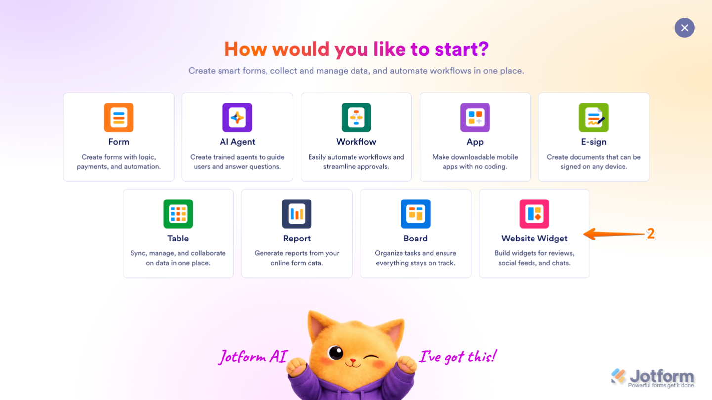 Create menu displaying the Website Widget option ready to be selected