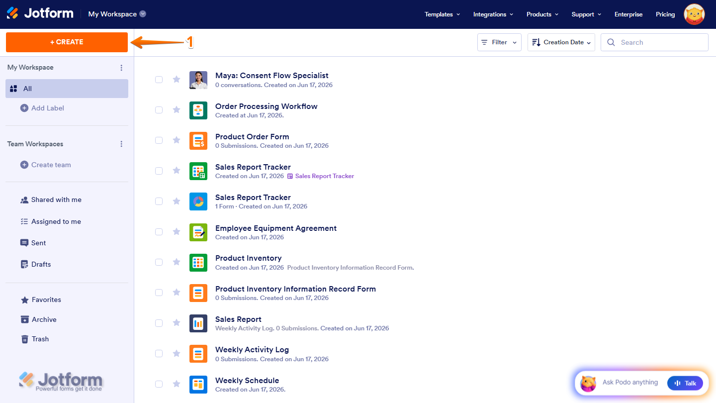 Workspace highlighting the Create button in the top-left corner