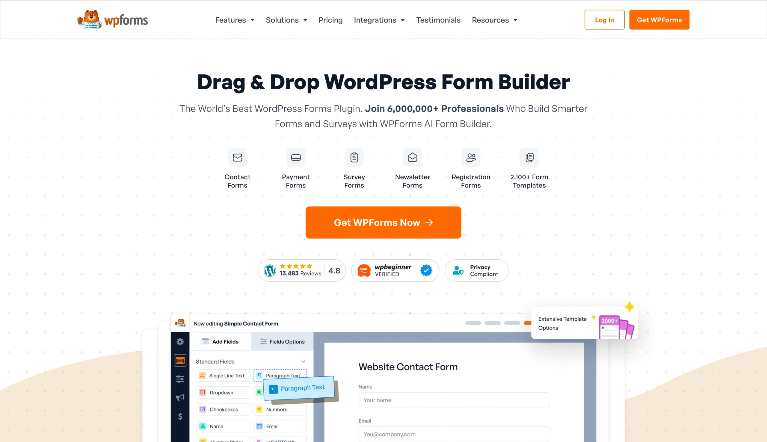 Screenshot of the WPForms landing page, showing a headline "Drag & Drop WordPress Form Builder"